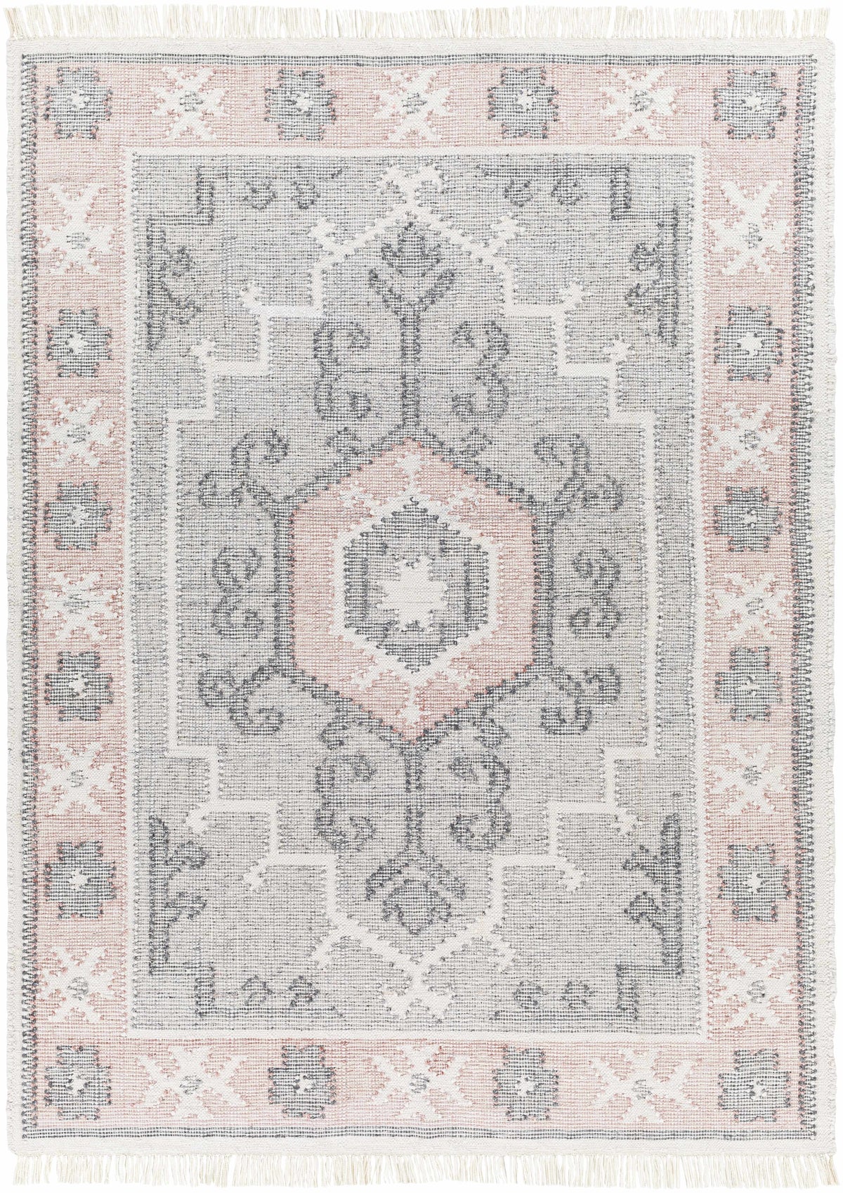Light Gray Hand Woven 100% Recycled PET Yarn Traditional Rectangle Handmade rug, Indoor use only, has fringe, non-washable. runner also available