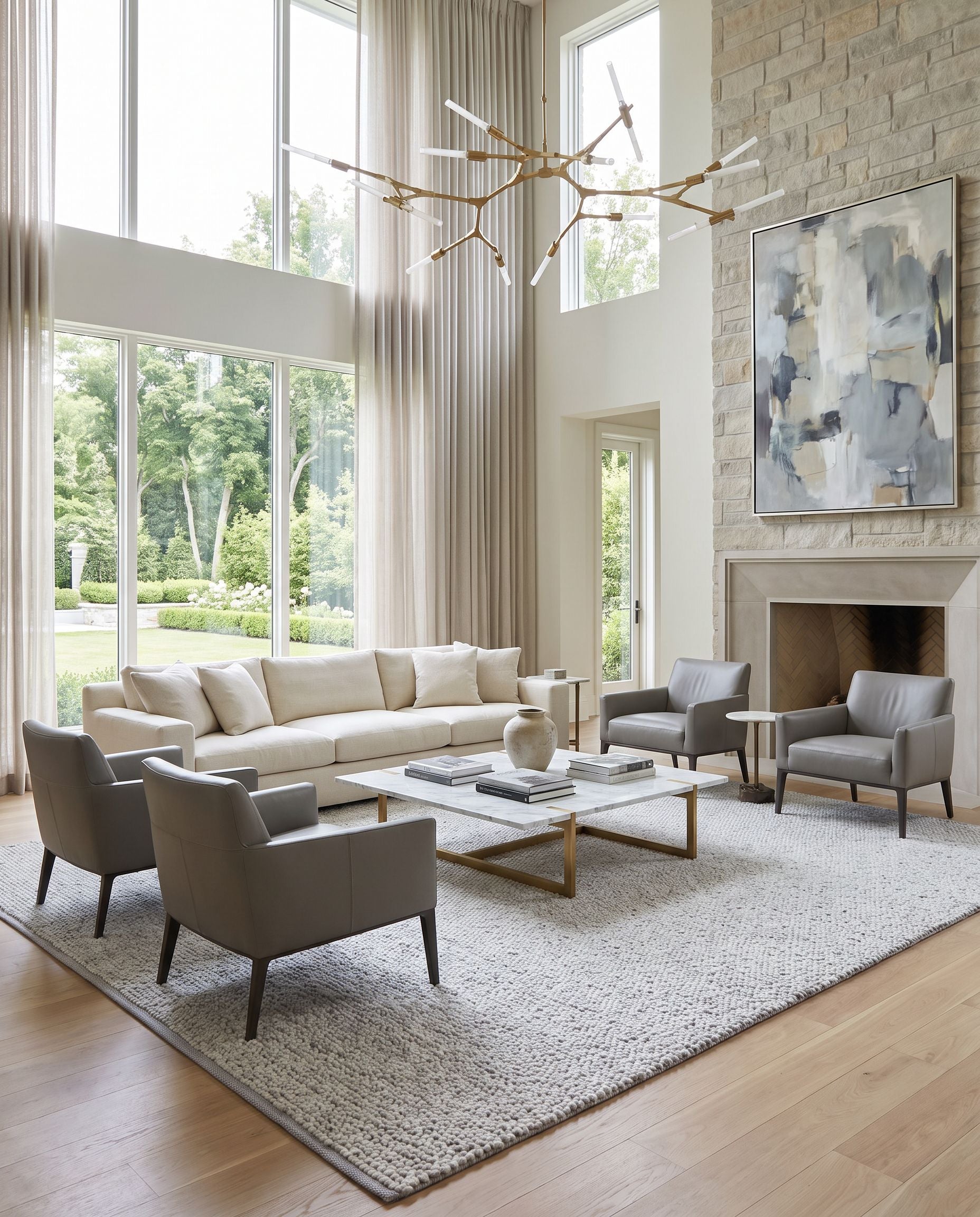 Super Pebble SPB-2300 Hand Woven Rug as the centerpiece of a bright luxury living room — a hand woven transitional, traditional area rug in ivory, dove gray and pearl tones