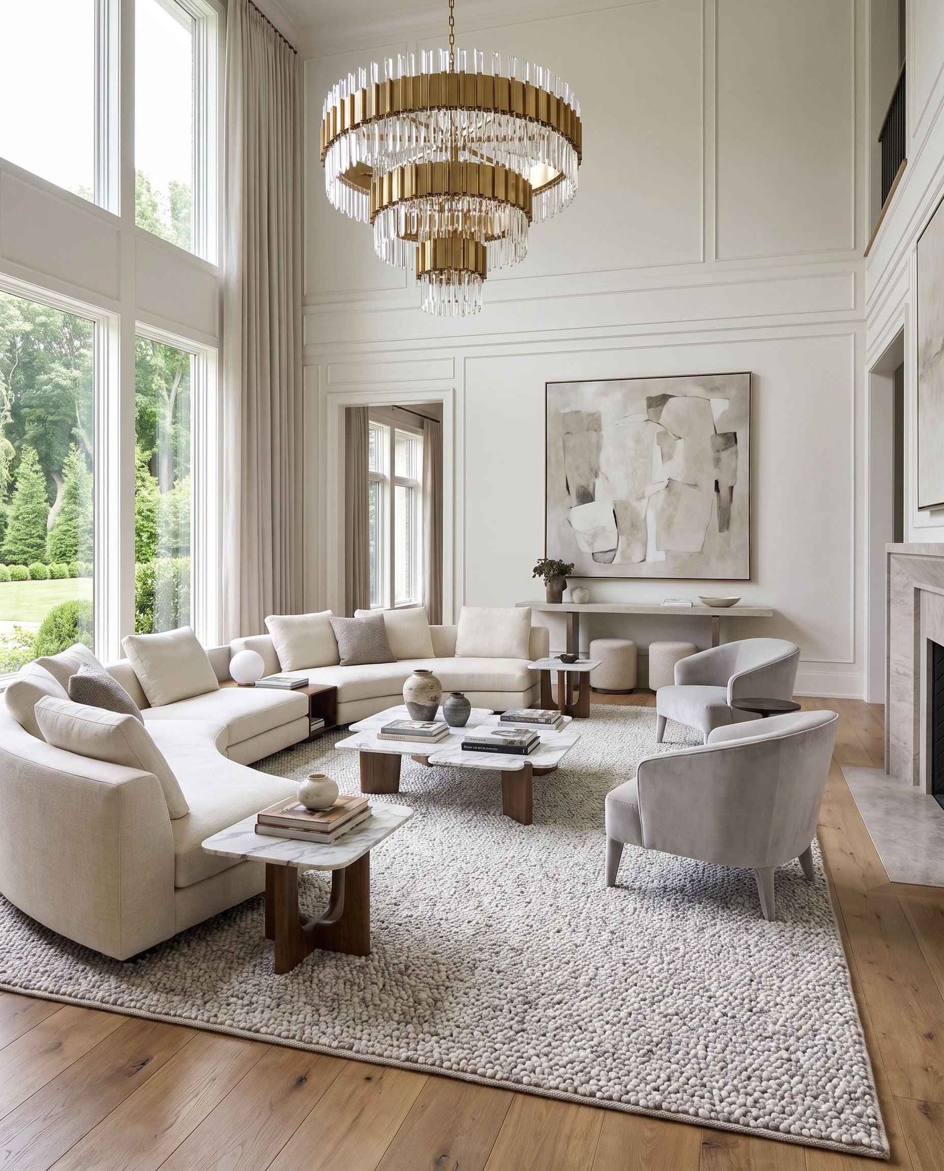 Super Pebble SPB-2301 Hand Woven Rug as the centerpiece of a bright luxury living room — a hand woven cottage area rug in ivory, cream and pearl tones