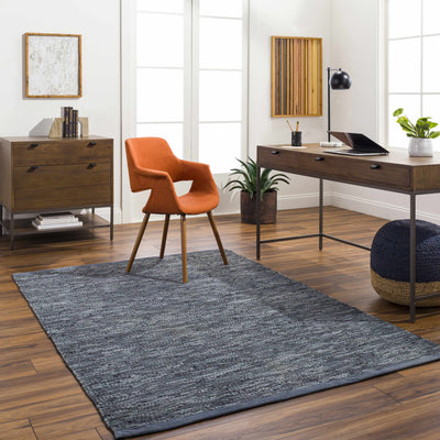 Denim Hand Woven 100% Leather Modern Rectangle Handmade rug, Indoor use only, no fringe, non-washable.