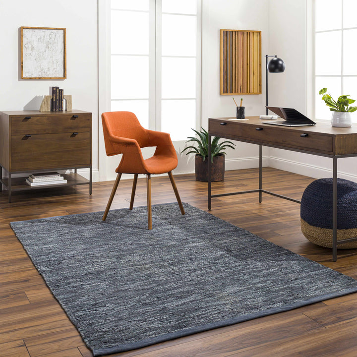 Denim Hand Woven 100% Leather Modern Rectangle Handmade rug, Indoor use only, no fringe, non-washable.