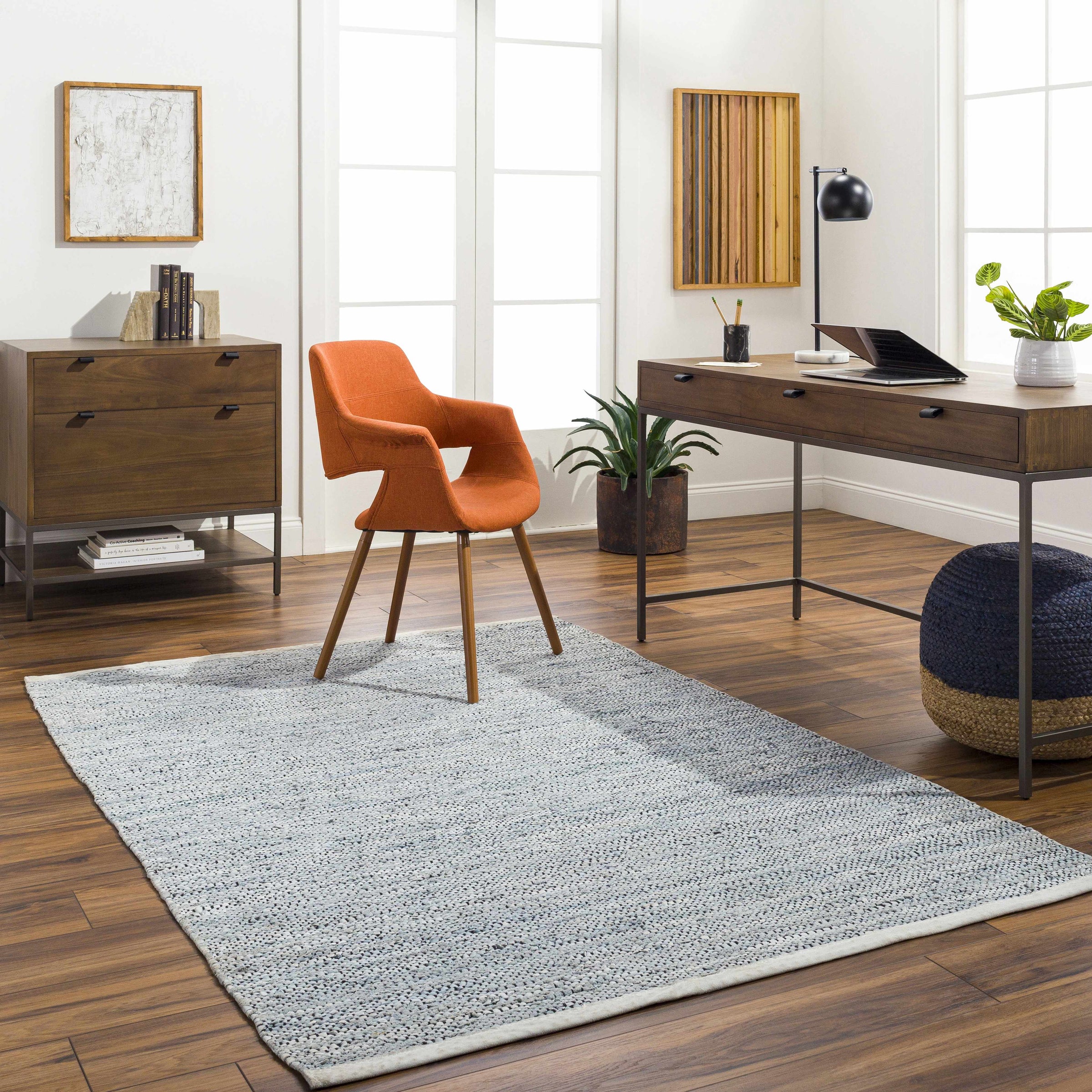 Pale Blue Hand Woven 100% Leather Modern Rectangle Handmade rug, Indoor use only, no fringe, non-washable.