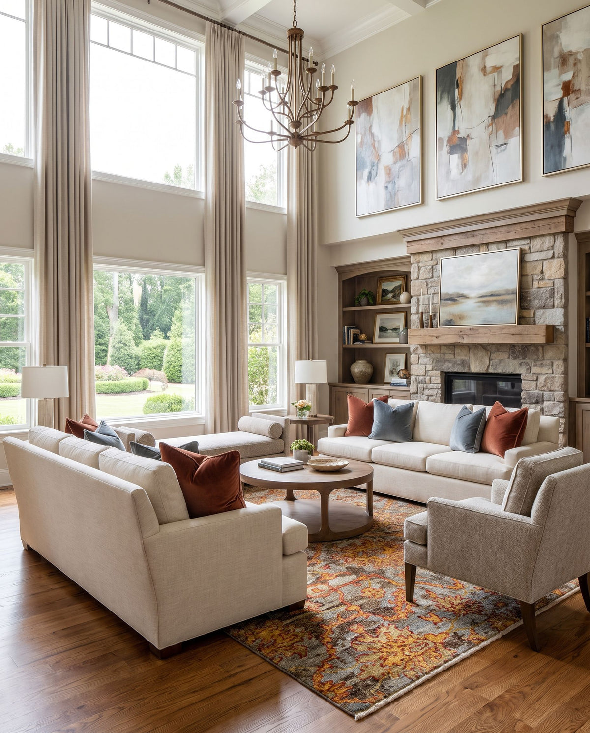 Sakarya SRY-2302 Hand Knotted Rug as the centerpiece of a bright luxury living room — a hand knotted traditional area rug in rust, mustard, brown and slate tones