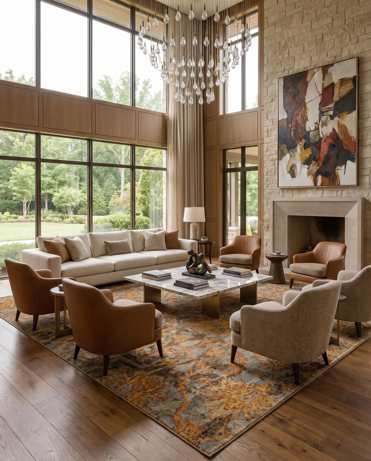 Sakarya SRY-2302 Hand Knotted Rug styled in an elegant designer living room — hand knotted traditional area rug in rust, mustard, brown and slate tones