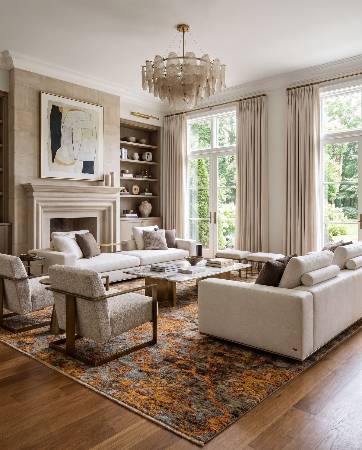 Sakarya SRY-2302 Hand Knotted Rug styled in an elegant designer living room — hand knotted traditional area rug in rust, mustard, brown and slate tones