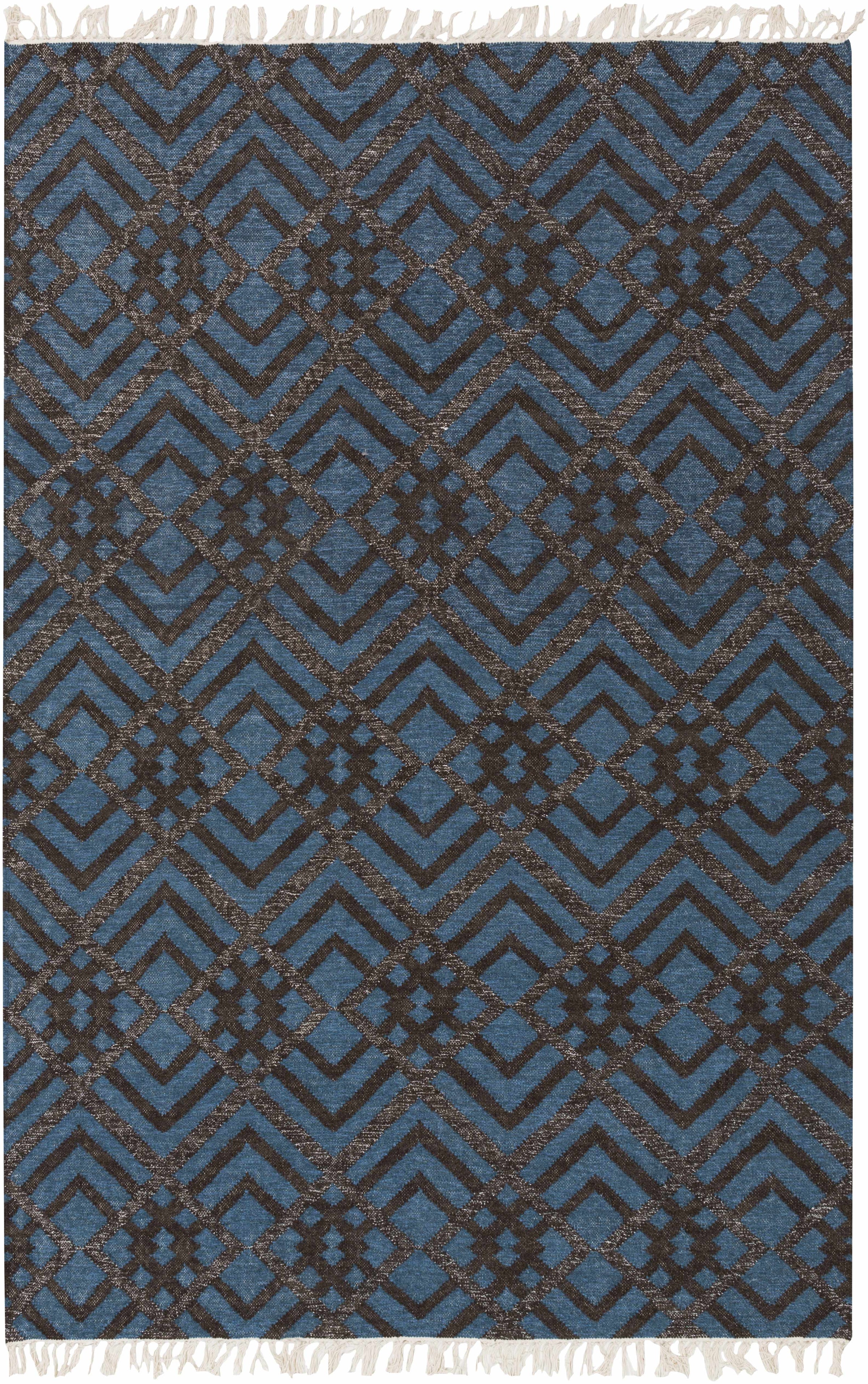 Dark Blue Hand Woven 90% Wool, 10% Metallic Thread Global Rectangle Handmade rug, Indoor use only, no fringe, non-washable. runner also available
