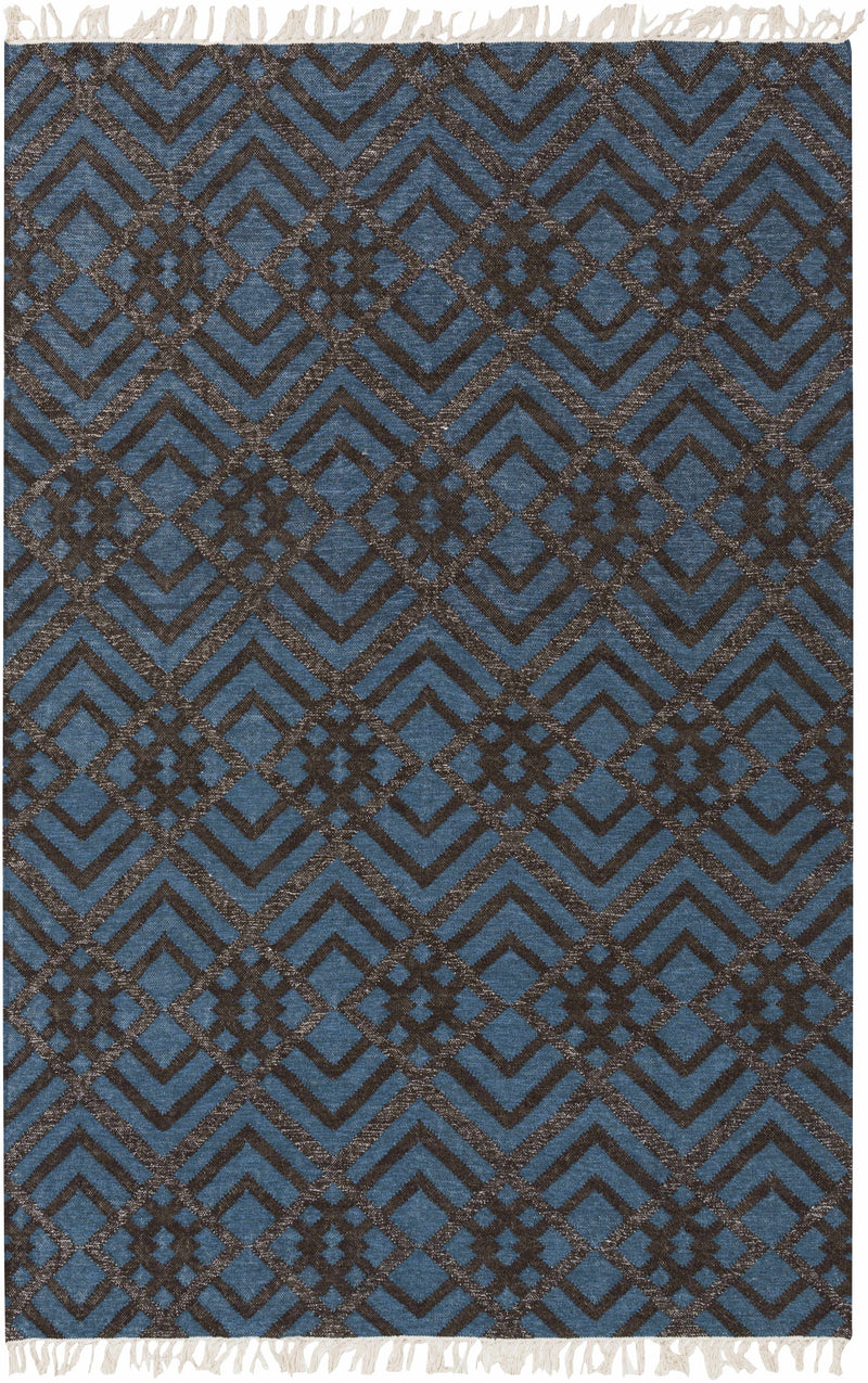 Dark Blue Hand Woven 90% Wool, 10% Metallic Thread Global Rectangle Handmade rug, Indoor use only, no fringe, non-washable. runner also available