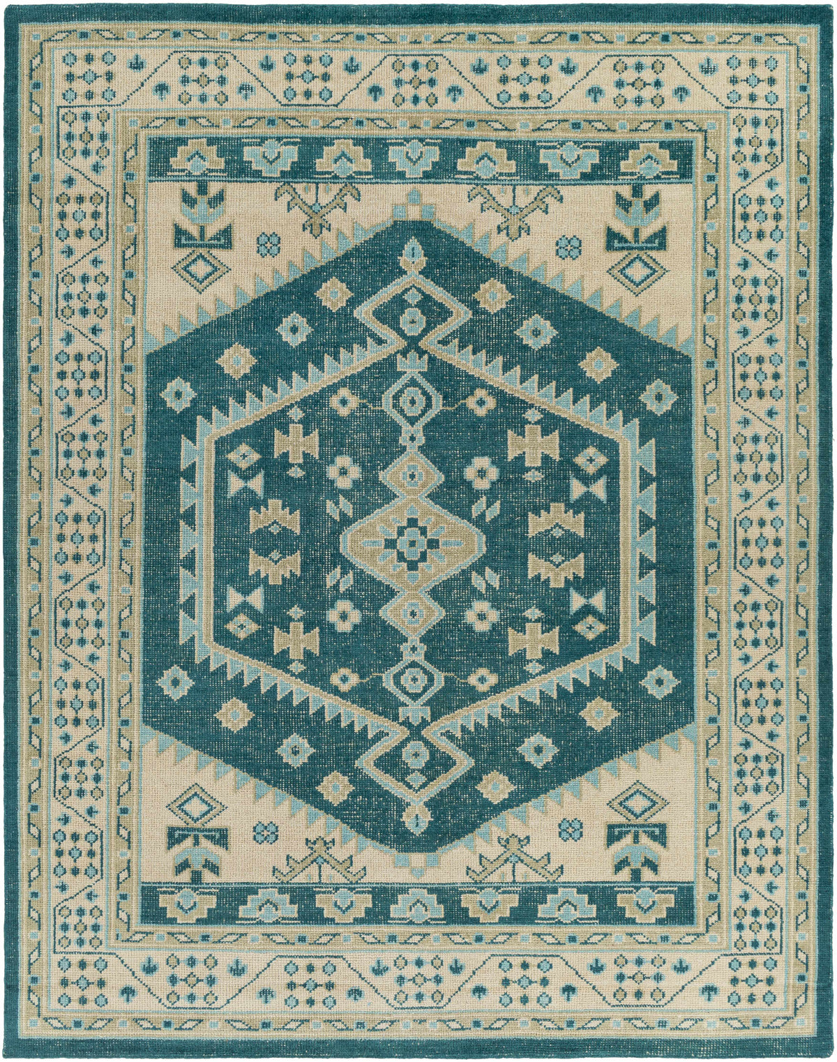 Teal Hand Knotted 100% Wool Traditional Rectangle Handmade rug, Indoor use only, no fringe, non-washable.