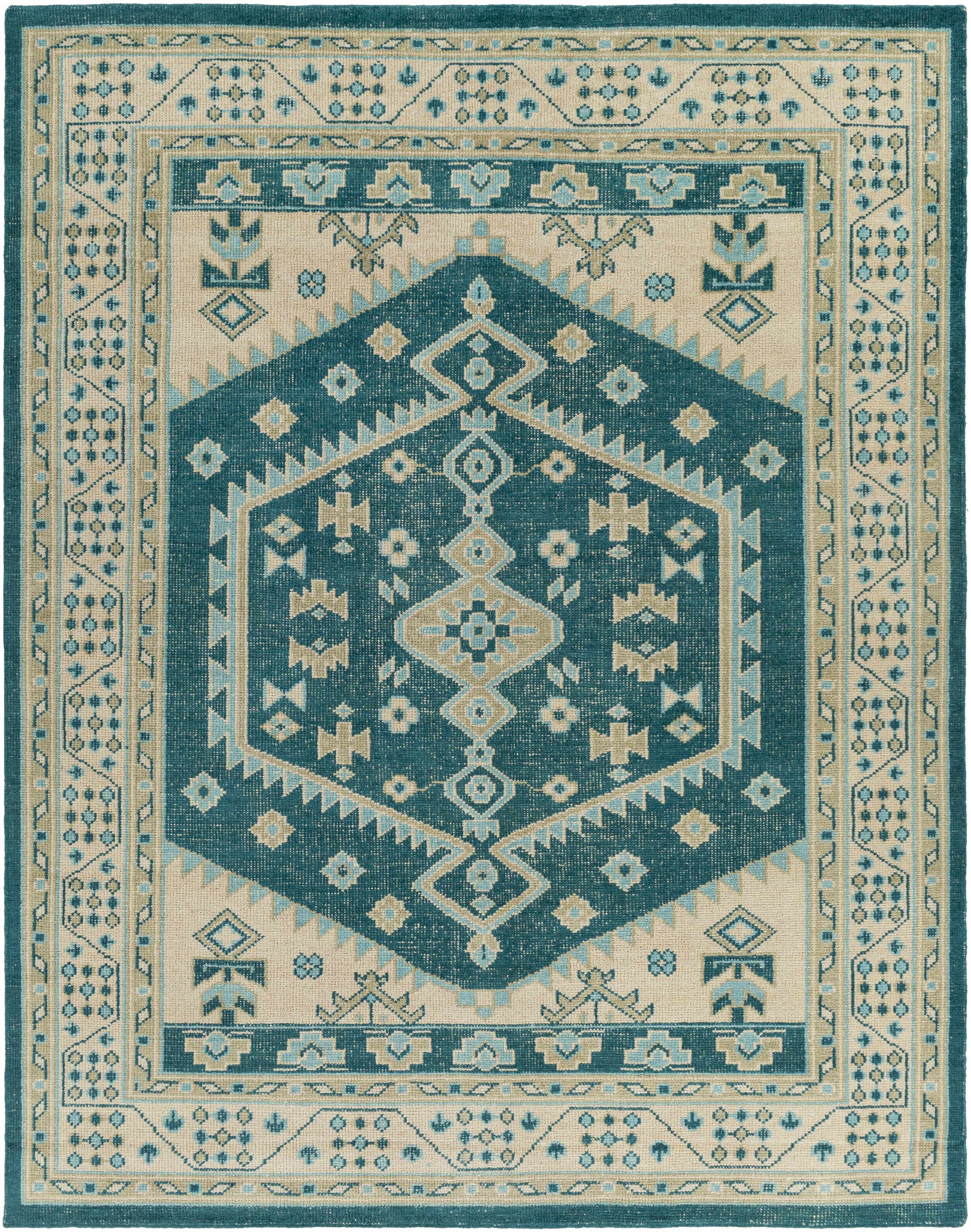 Teal Hand Knotted 100% Wool Traditional Rectangle Handmade rug, Indoor use only, no fringe, non-washable.