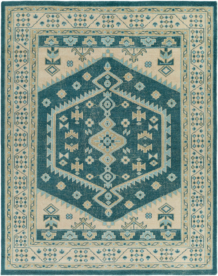 Teal Hand Knotted 100% Wool Traditional Rectangle Handmade rug, Indoor use only, no fringe, non-washable.
