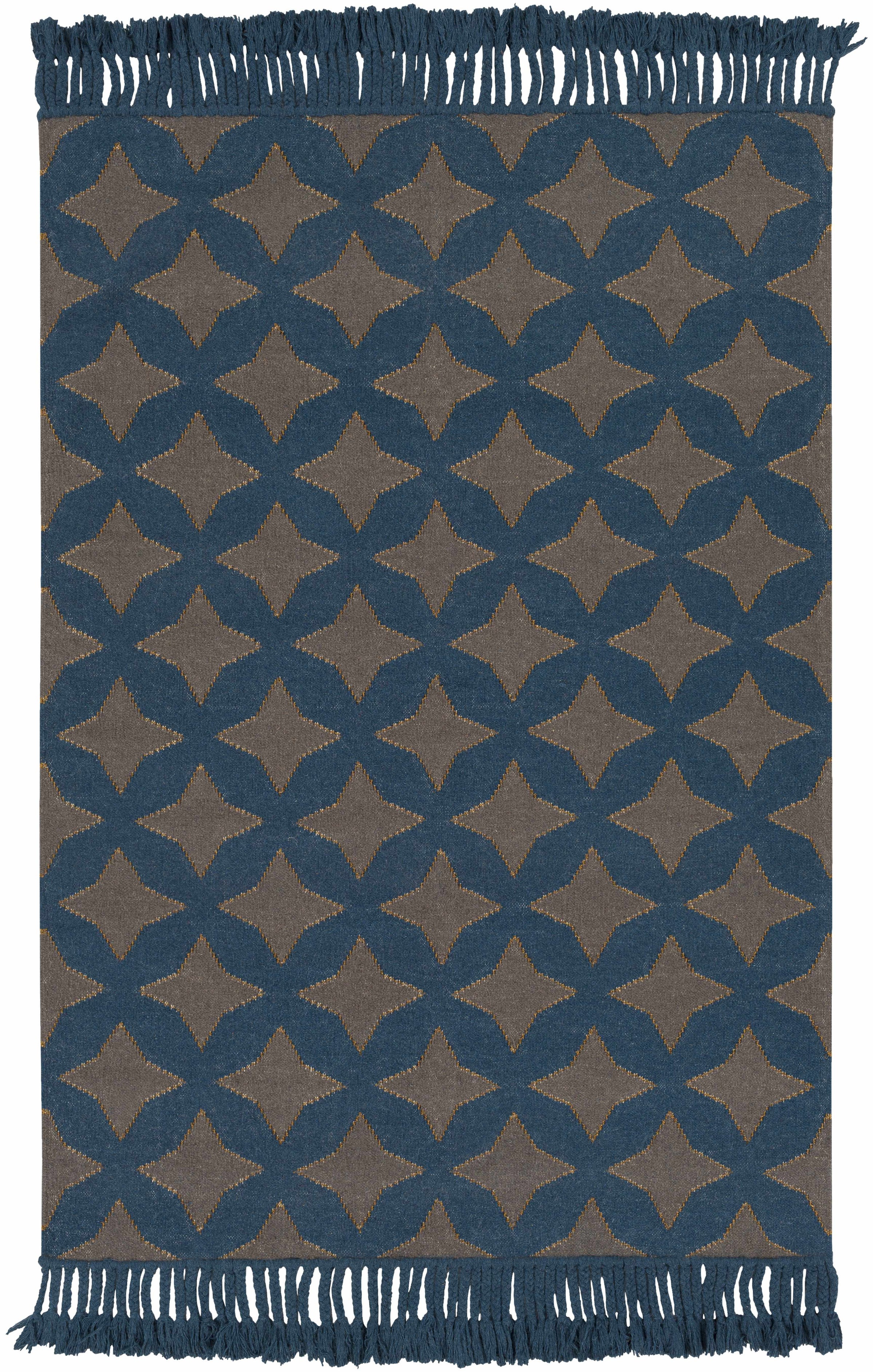 Dark Blue Hand Woven 90% Wool, 10% Metallic Thread Cottage Rectangle Handmade rug, Indoor use only, no fringe, non-washable. runner also available