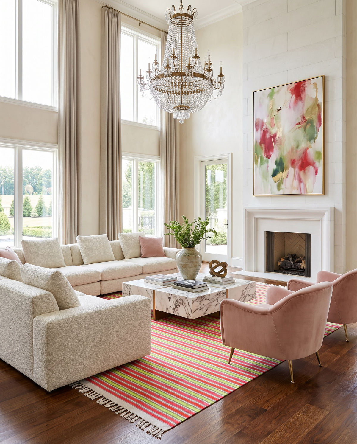 Steps STP-9001 Hand Woven Rug as the centerpiece of a bright luxury living room — a hand woven cottage area rug in ivory, pink, orange and grass green tones