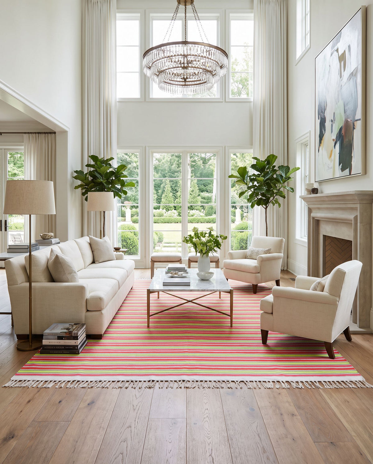 Steps STP-9001 Hand Woven Rug styled in an elegant designer living room — hand woven cottage area rug in ivory, pink, orange and grass green tones