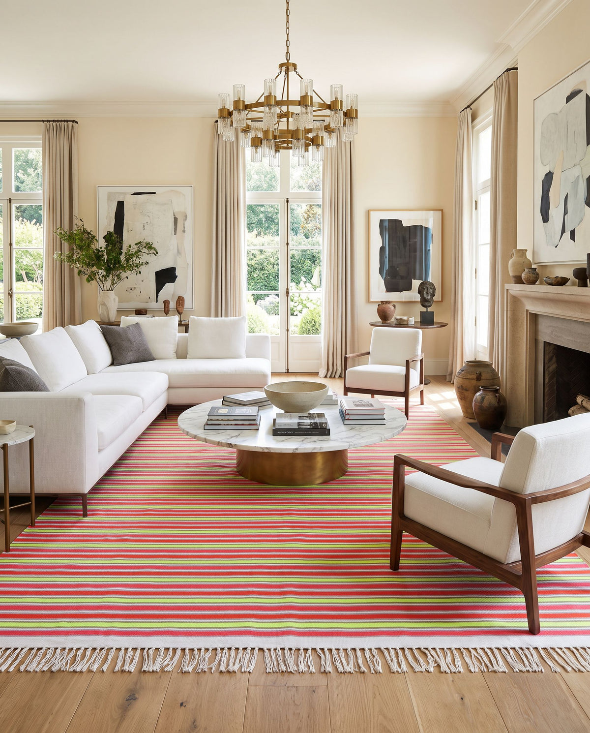 Steps STP-9001 Hand Woven Rug styled in an elegant designer living room — hand woven cottage area rug in ivory, pink, orange and grass green tones