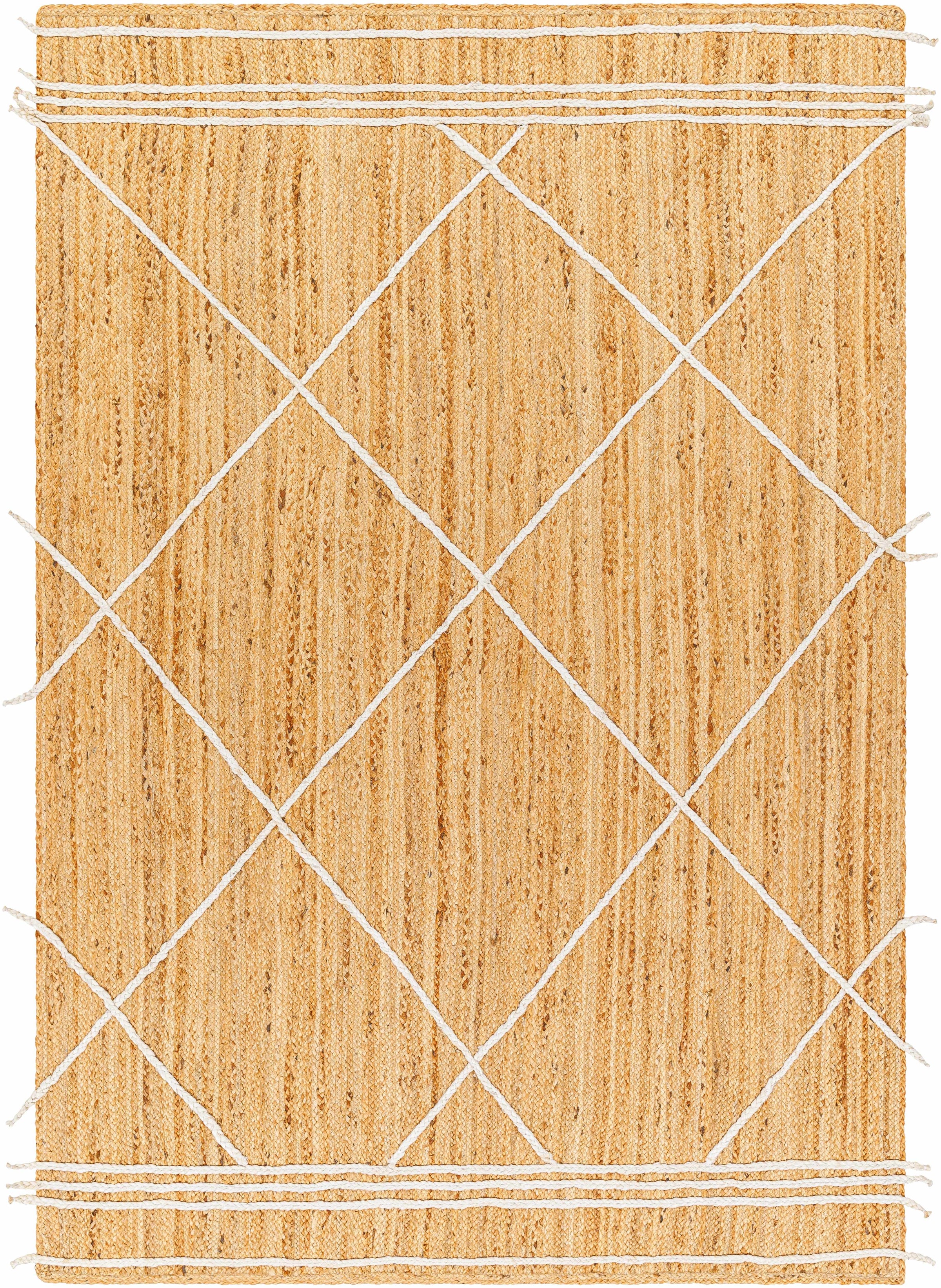 Tan Hand Woven 100% Jute Modern Rectangle Handmade rug, Indoor use only, no fringe, non-washable.