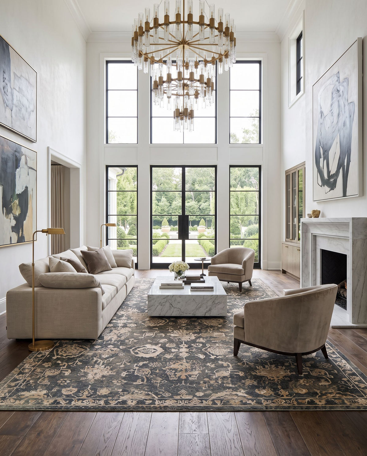 Sufi SUF-2300 Hand Knotted Rug styled in an elegant designer living room — hand knotted traditional area rug in charcoal, tan, taupe and light beige tones