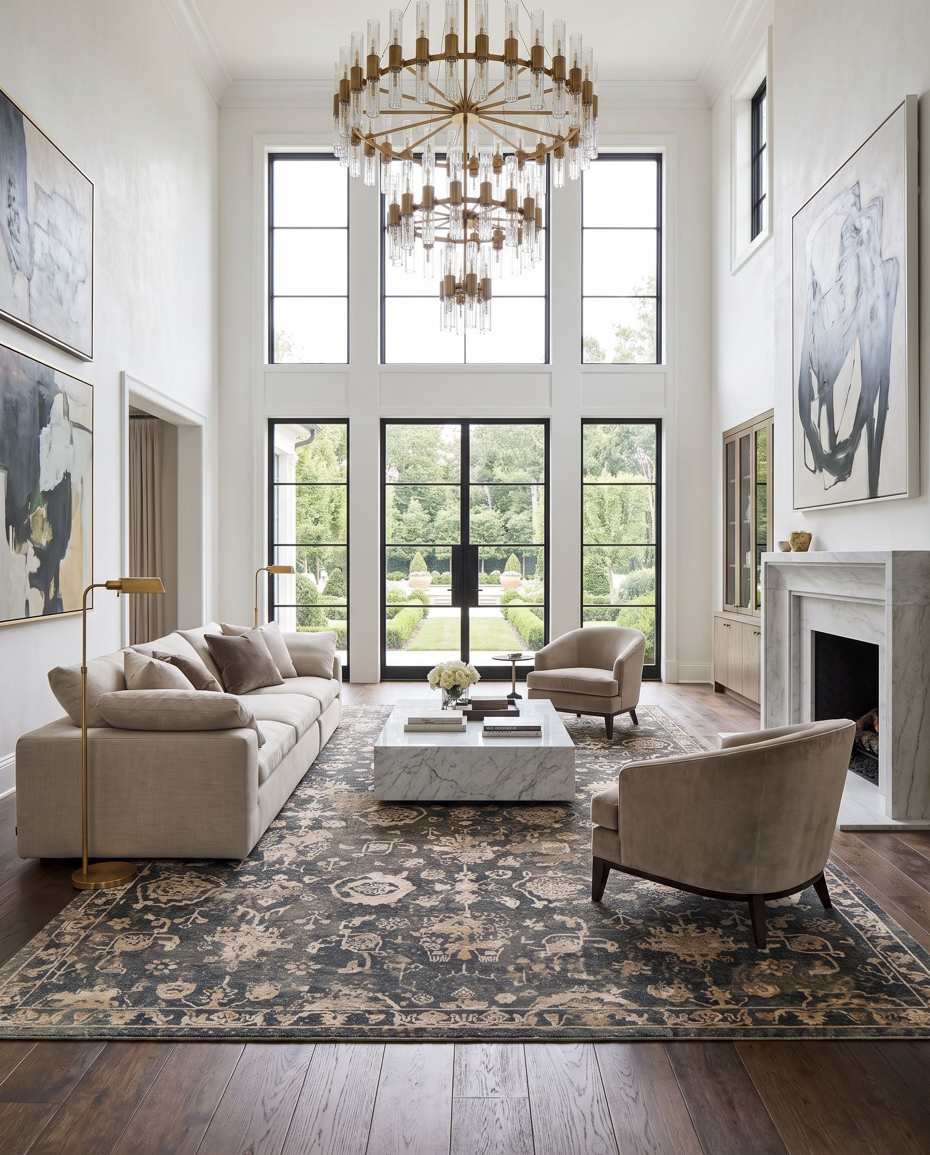 Sufi SUF-2300 Hand Knotted Rug styled in an elegant designer living room — hand knotted traditional area rug in charcoal, tan, taupe and light beige tones