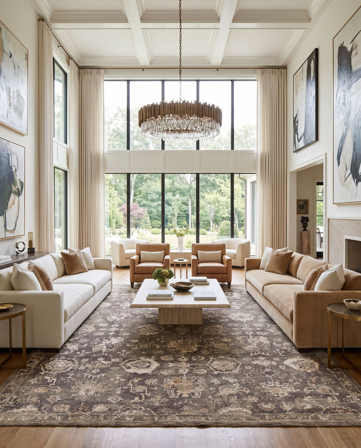 Sufi SUF-2301 Hand Knotted Rug as the centerpiece of a bright luxury living room — a hand knotted traditional area rug in charcoal, taupe, dark brown and light beige tones