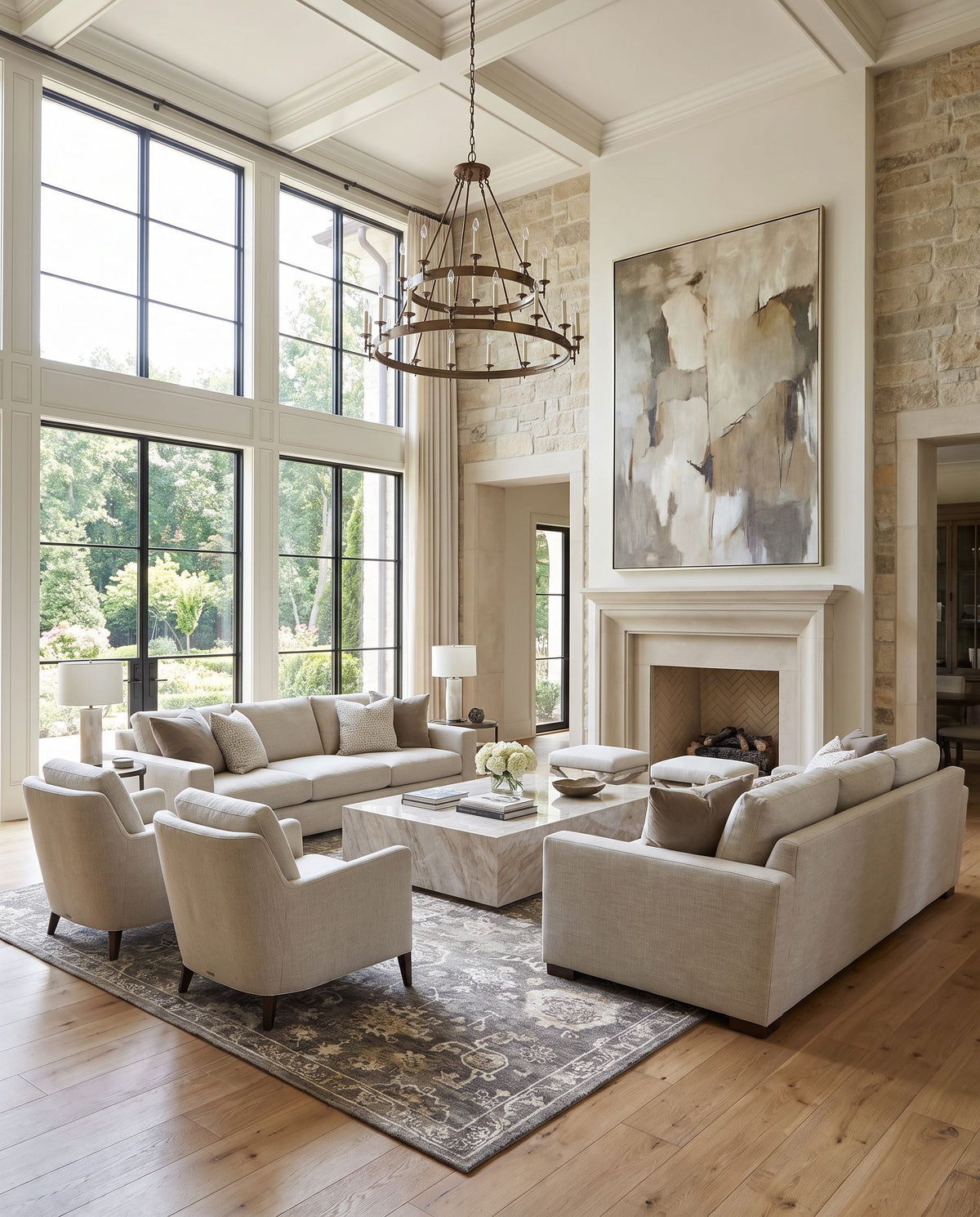 Sufi SUF-2301 Hand Knotted Rug styled in an elegant designer living room — hand knotted traditional area rug in charcoal, taupe, dark brown and light beige tones