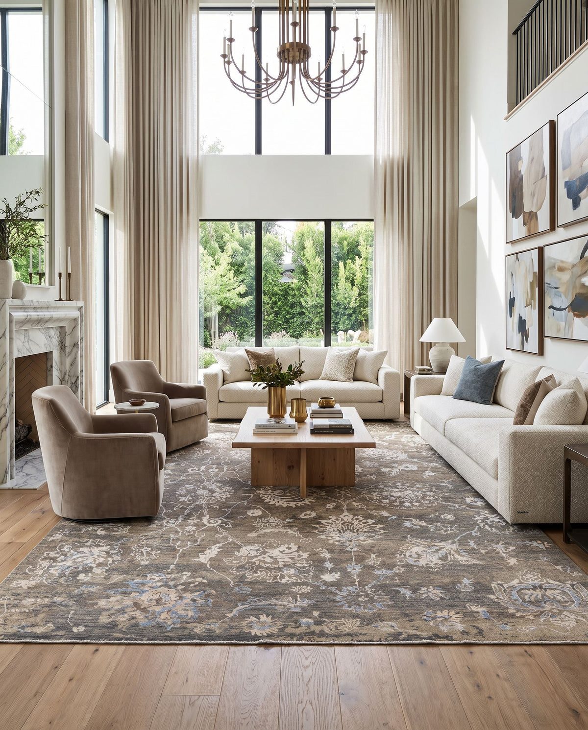 Sufi SUF-2302 Hand Knotted Rug as the centerpiece of a bright luxury living room — a hand knotted traditional area rug in charcoal, taupe, ice blue and light beige tones
