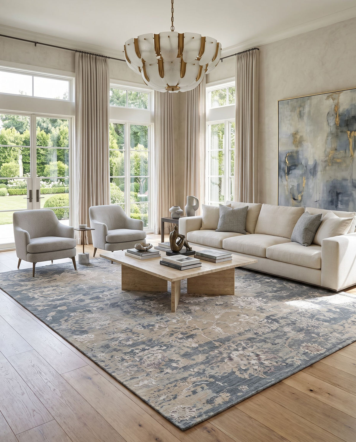 Sufi SUF-2303 Hand Knotted Rug styled in an elegant designer living room — hand knotted traditional area rug in charcoal, light gray, tan and light beige tones