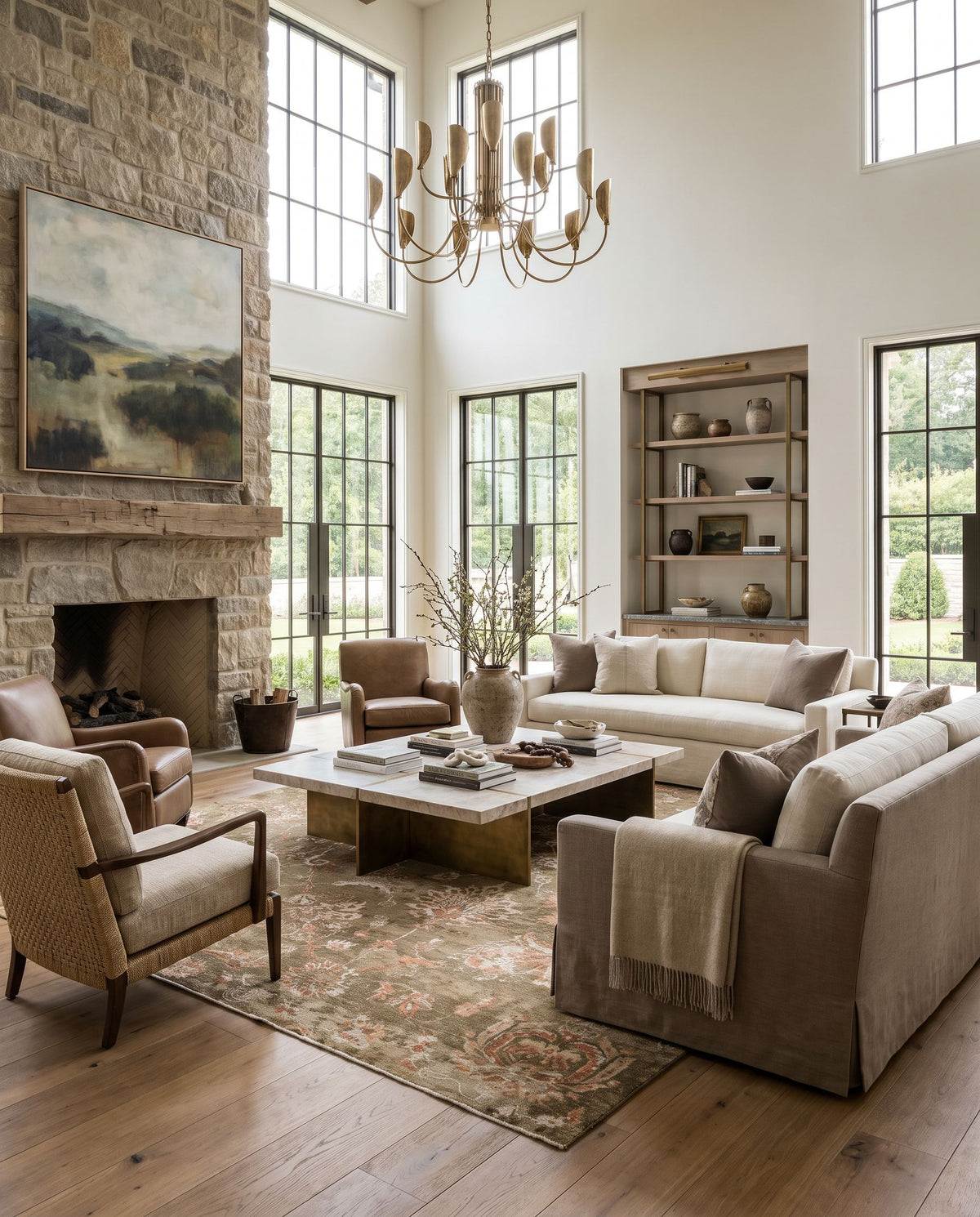 Sufi SUF-2304 Hand Knotted Rug as the centerpiece of a bright luxury living room — a hand knotted traditional area rug in rust, dusty coral, olive and tan tones