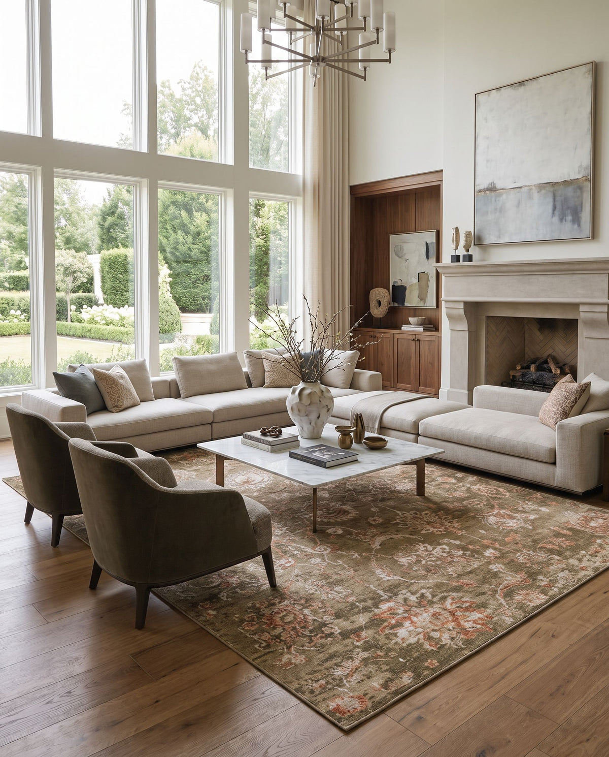 Sufi SUF-2304 Hand Knotted Rug styled in an elegant designer living room — hand knotted traditional area rug in rust, dusty coral, olive and tan tones