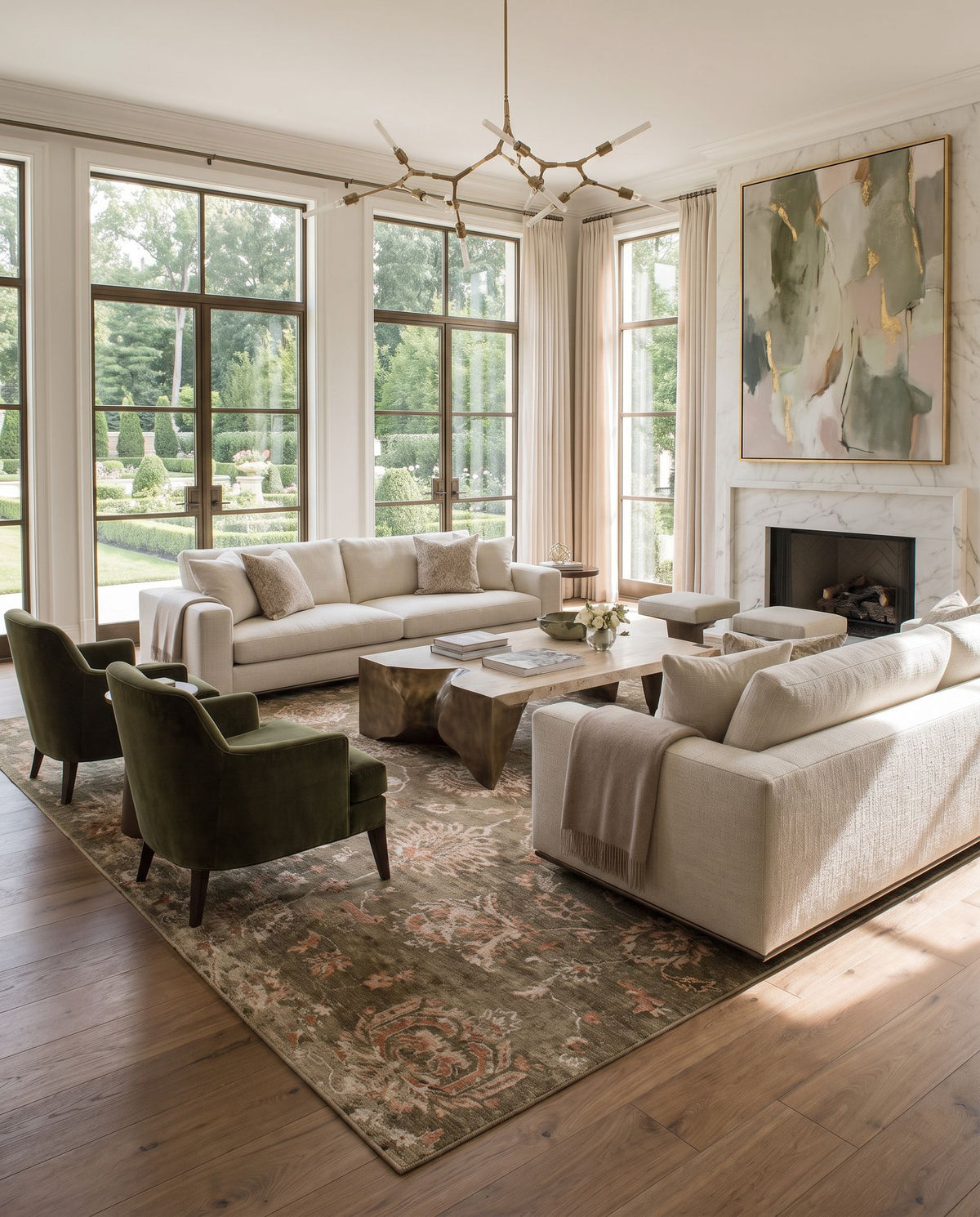 Sufi SUF-2304 Hand Knotted Rug styled in an elegant designer living room — hand knotted traditional area rug in rust, dusty coral, olive and tan tones