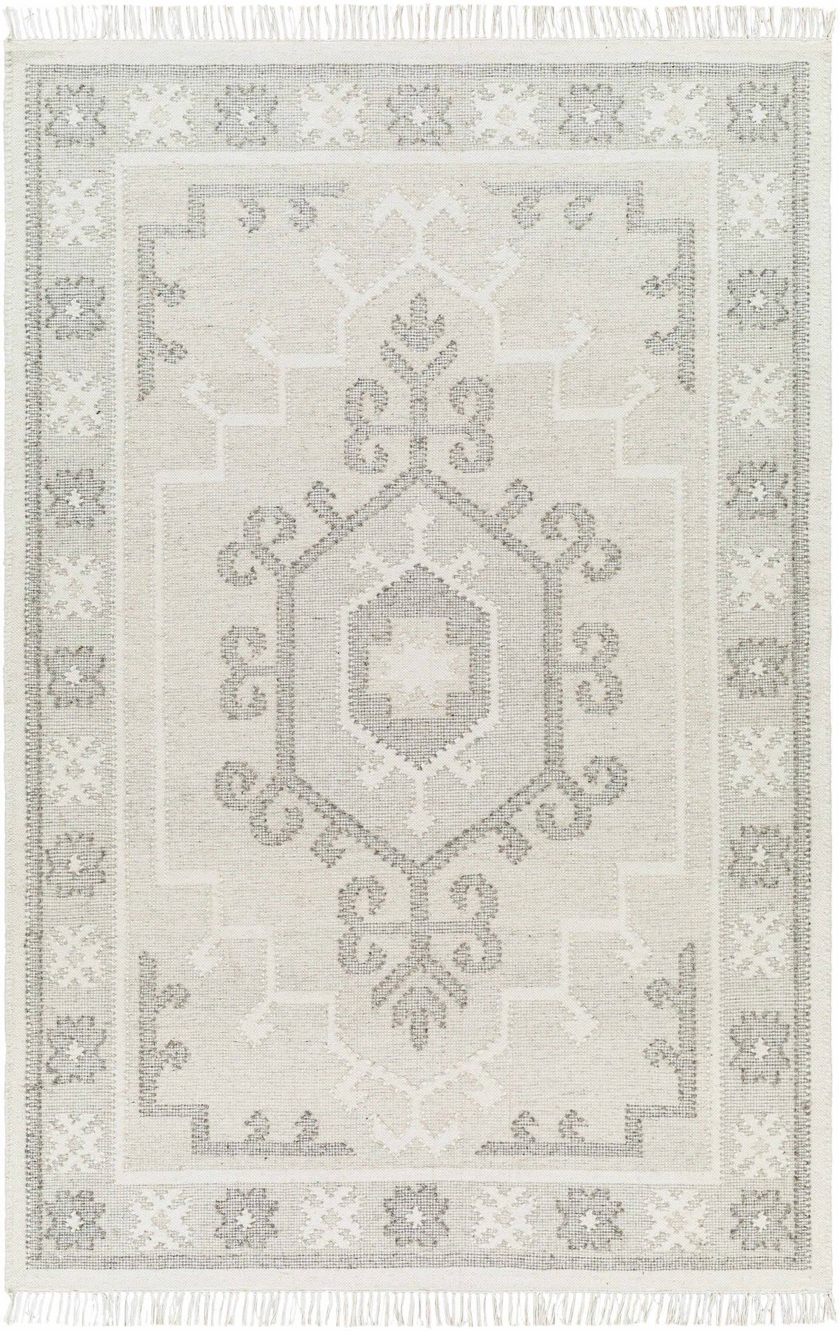 Off-White Hand Woven 100% Wool Traditional Rectangle Handmade rug, Indoor use only, has fringe, non-washable.