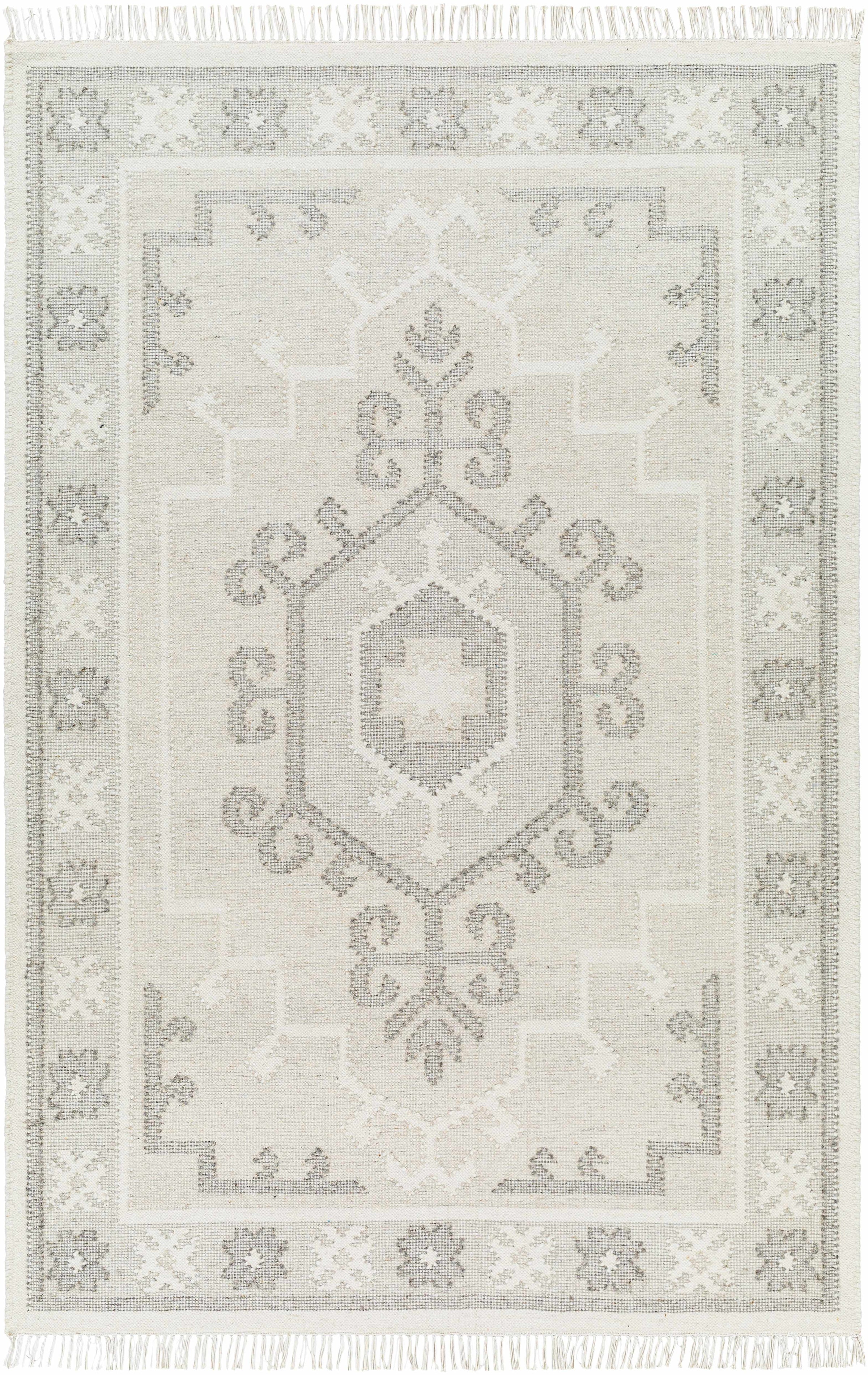 Off-White Hand Woven 100% Wool Traditional Rectangle Handmade rug, Indoor use only, has fringe, non-washable.