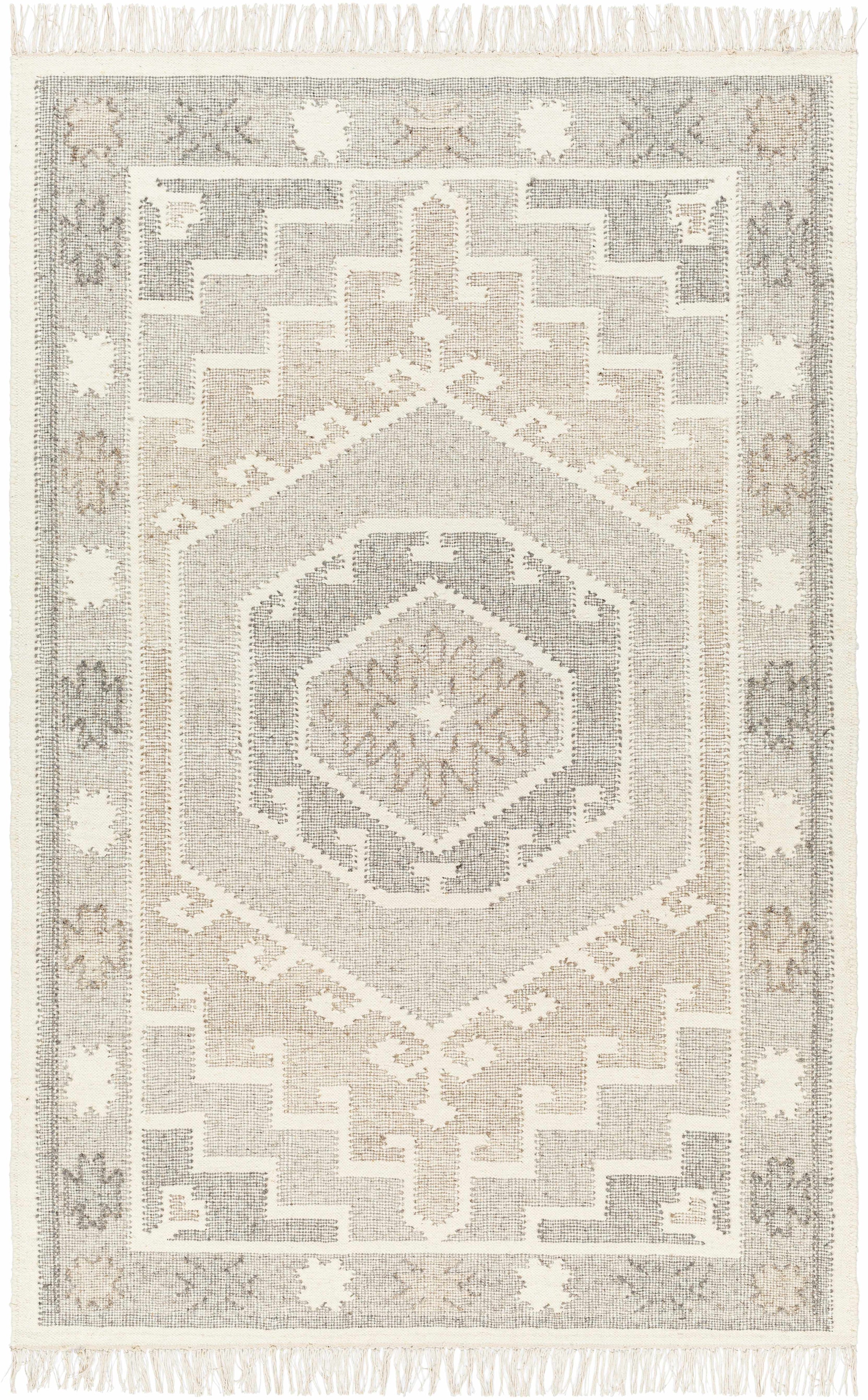 Cream Hand Woven 100% Wool Traditional Rectangle Handmade rug, Indoor use only, has fringe, non-washable.