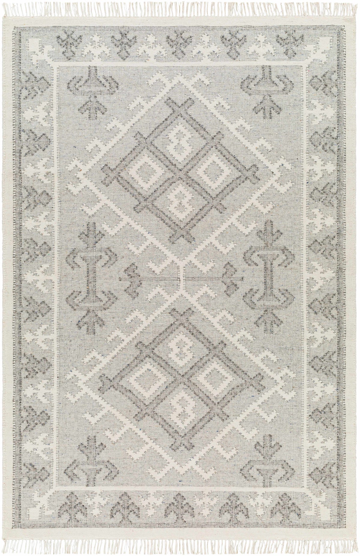 Off-White Hand Woven 100% Wool Traditional Rectangle Handmade rug, Indoor use only, has fringe, non-washable.