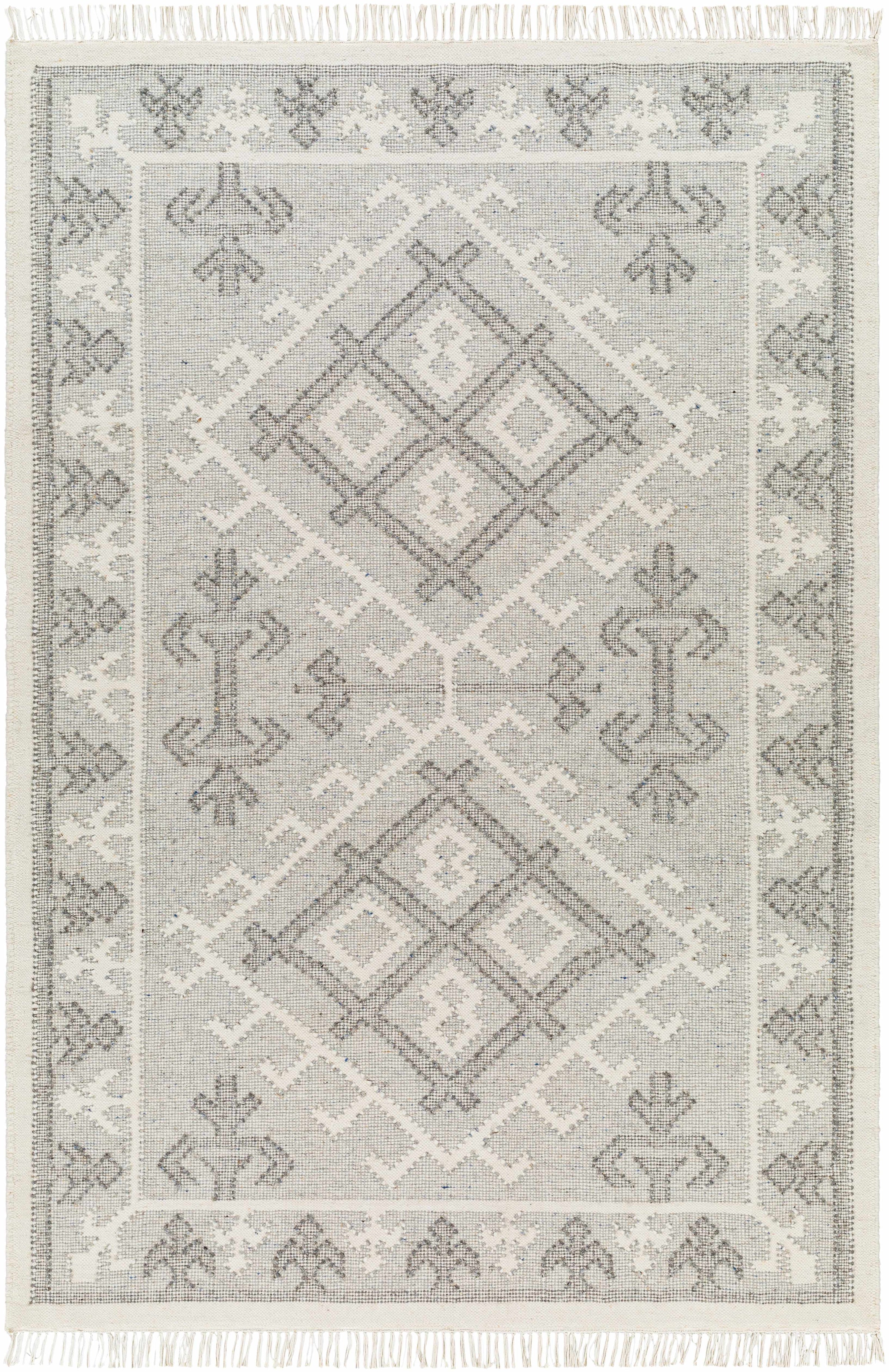 Off-White Hand Woven 100% Wool Traditional Rectangle Handmade rug, Indoor use only, has fringe, non-washable.