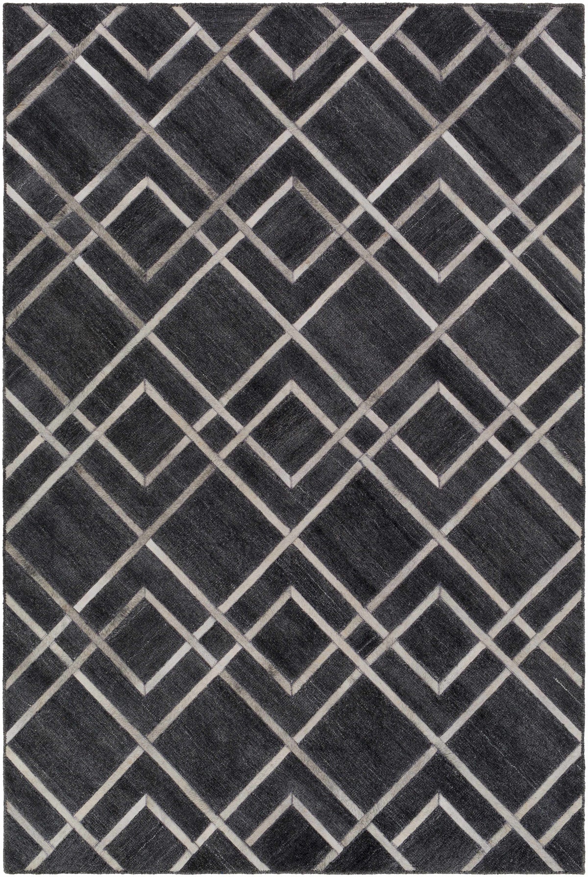 Black Hand Crafted 80% Viscose, 20% Hair On Hide Modern Rectangle Handmade rug, Indoor use only, no fringe, non-washable.