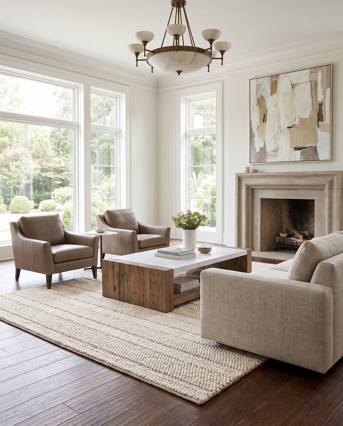Tahoe TAH-3711 Hand Woven Rug styled in an elegant designer living room — hand woven modern area rug in cream tones