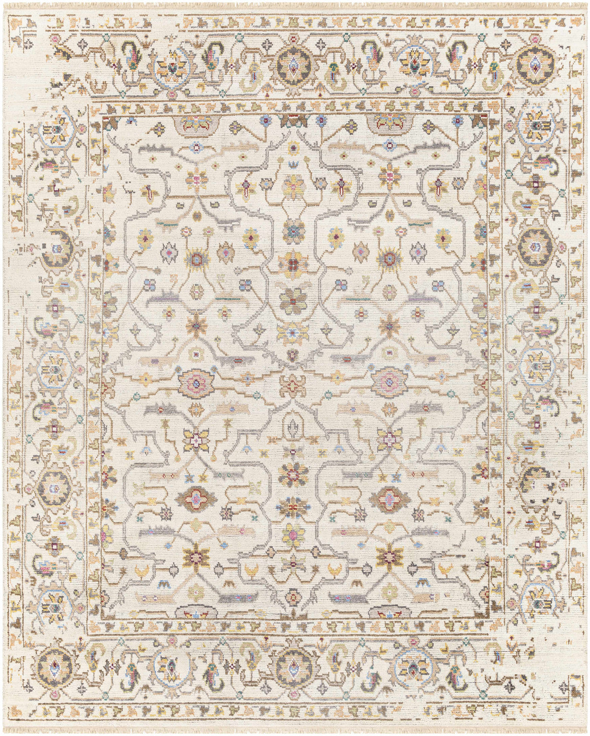 Tan Hand Knotted 70% Viscose, 30% Wool Traditional Rectangle Handmade rug, Indoor use only, has fringe, non-washable.