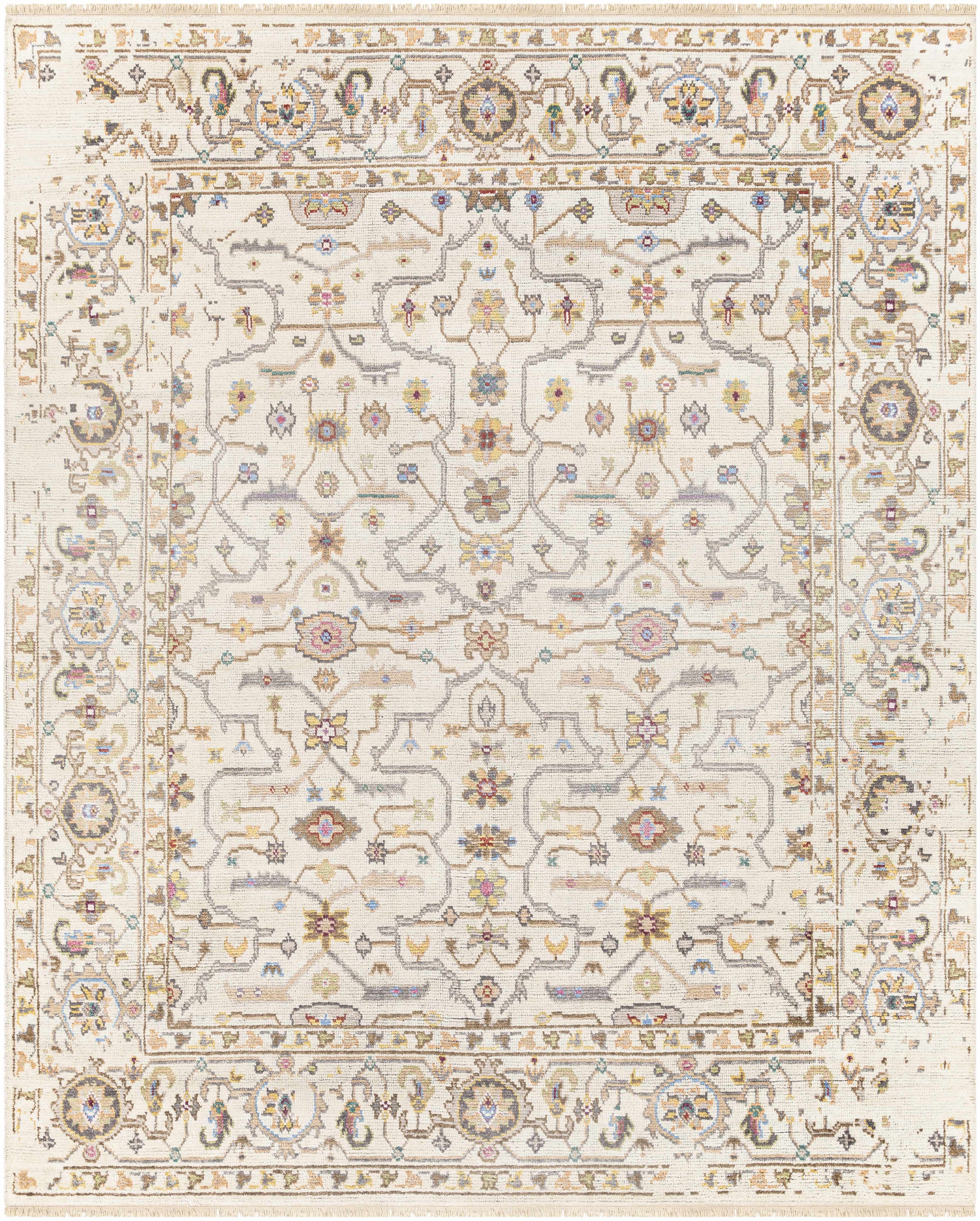 Tan Hand Knotted 70% Viscose, 30% Wool Traditional Rectangle Handmade rug, Indoor use only, has fringe, non-washable.