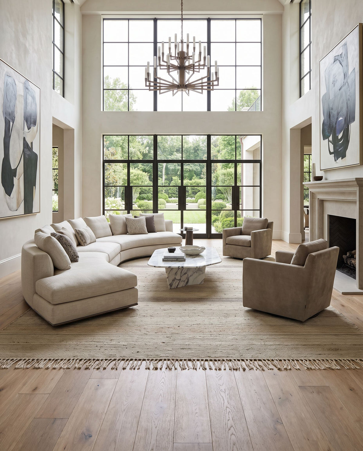 Trabzon TBO-2300 Hand Woven Rug as the centerpiece of a bright luxury living room — a hand woven cottage area rug in light beige, gray, charcoal and brown tones