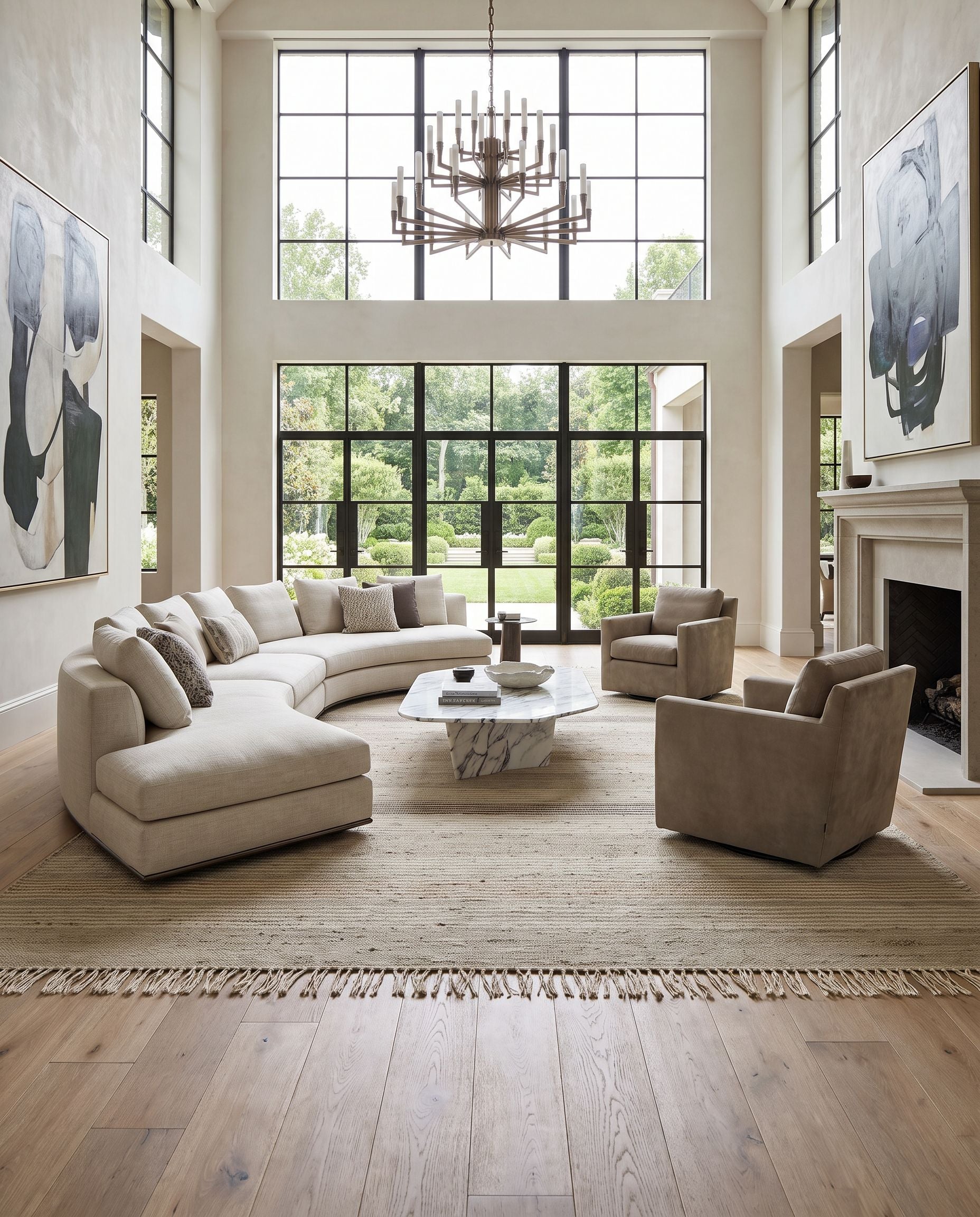 Trabzon TBO-2300 Hand Woven Rug as the centerpiece of a bright luxury living room — a hand woven cottage area rug in light beige, gray, charcoal and brown tones