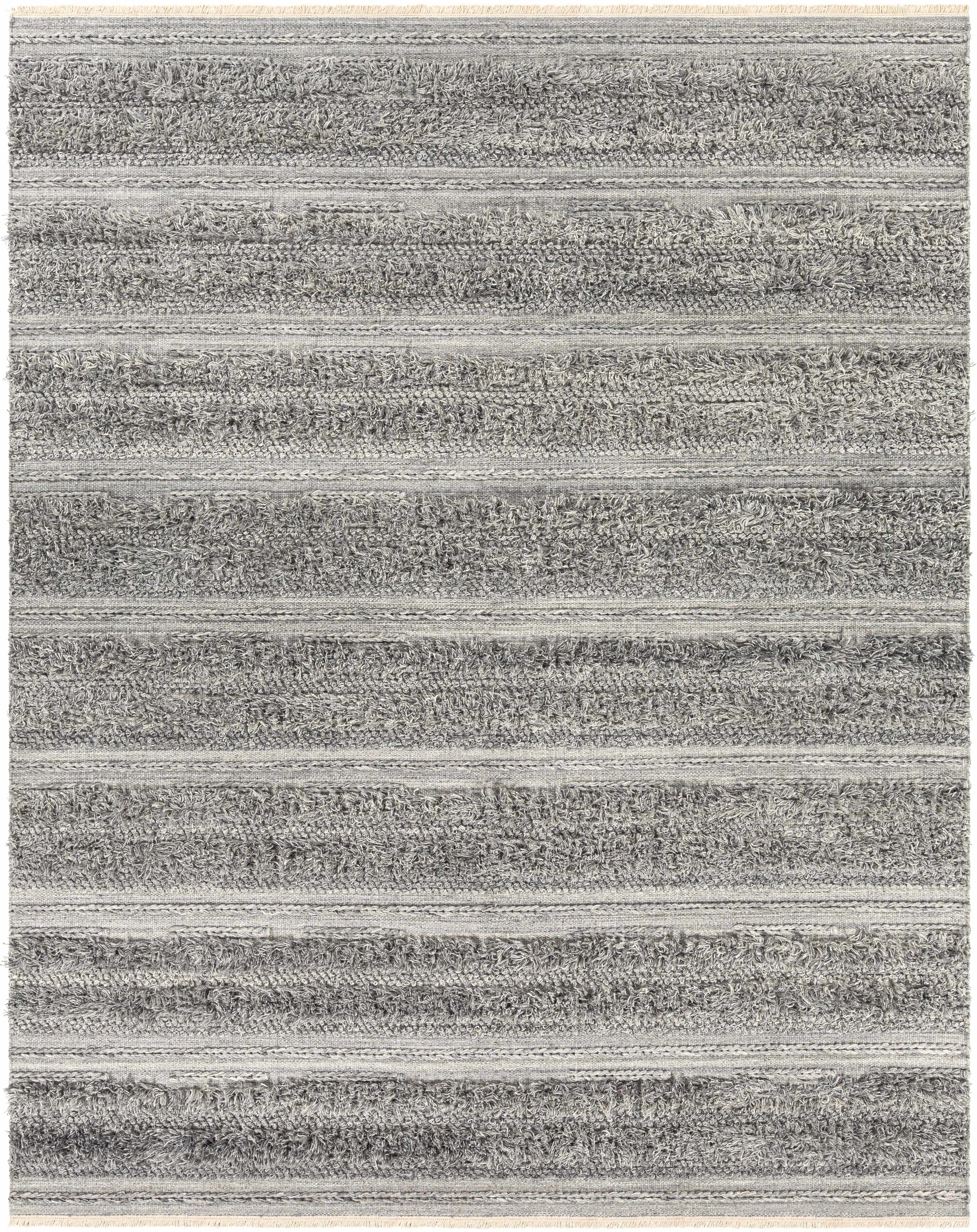 Gray Hand Woven 50% Viscose, 50% Wool Global Rectangle Handmade rug, Indoor use only, has fringe, non-washable.