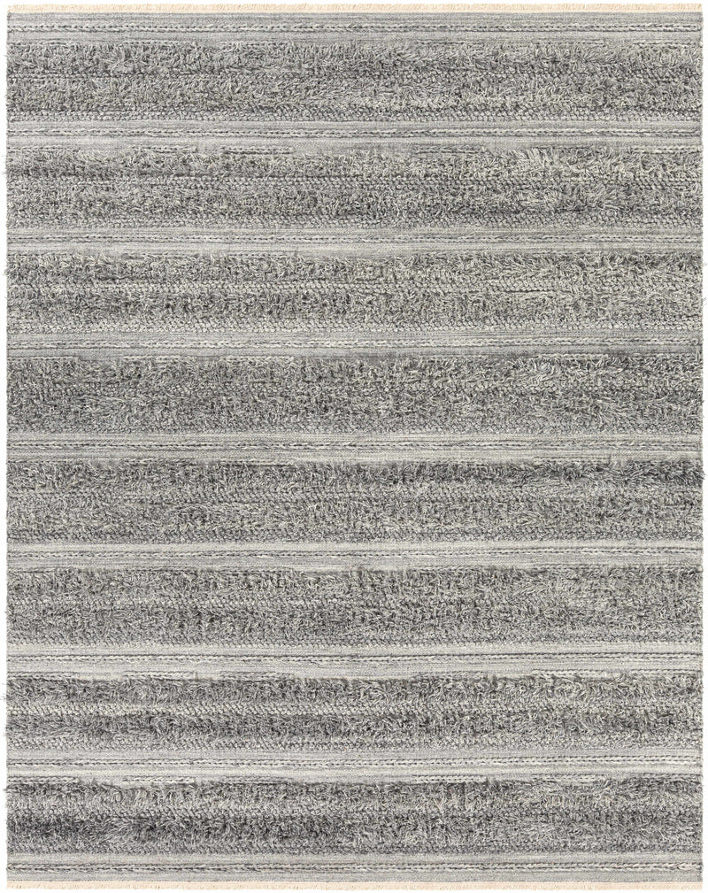 Gray Hand Woven 50% Viscose, 50% Wool Global Rectangle Handmade rug, Indoor use only, has fringe, non-washable.