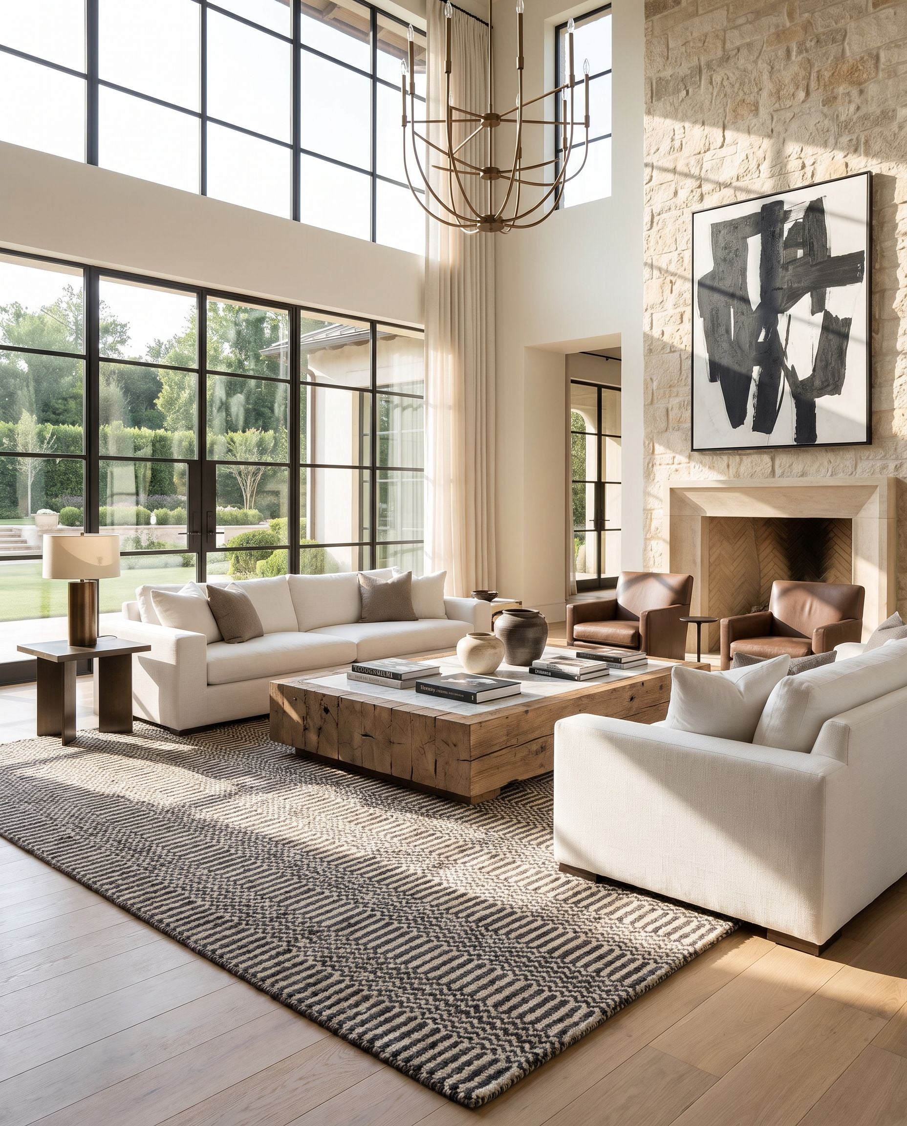 Teton TET-1002 Hand Loomed Rug as the centerpiece of a bright luxury living room — a hand loomed global area rug in deep teal, charcoal and light beige tones