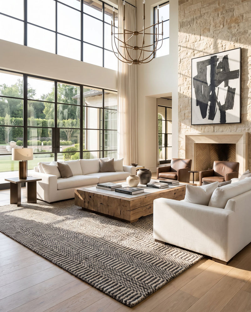 Teton TET-1002 Hand Loomed Rug as the centerpiece of a bright luxury living room — a hand loomed global area rug in deep teal, charcoal and light beige tones