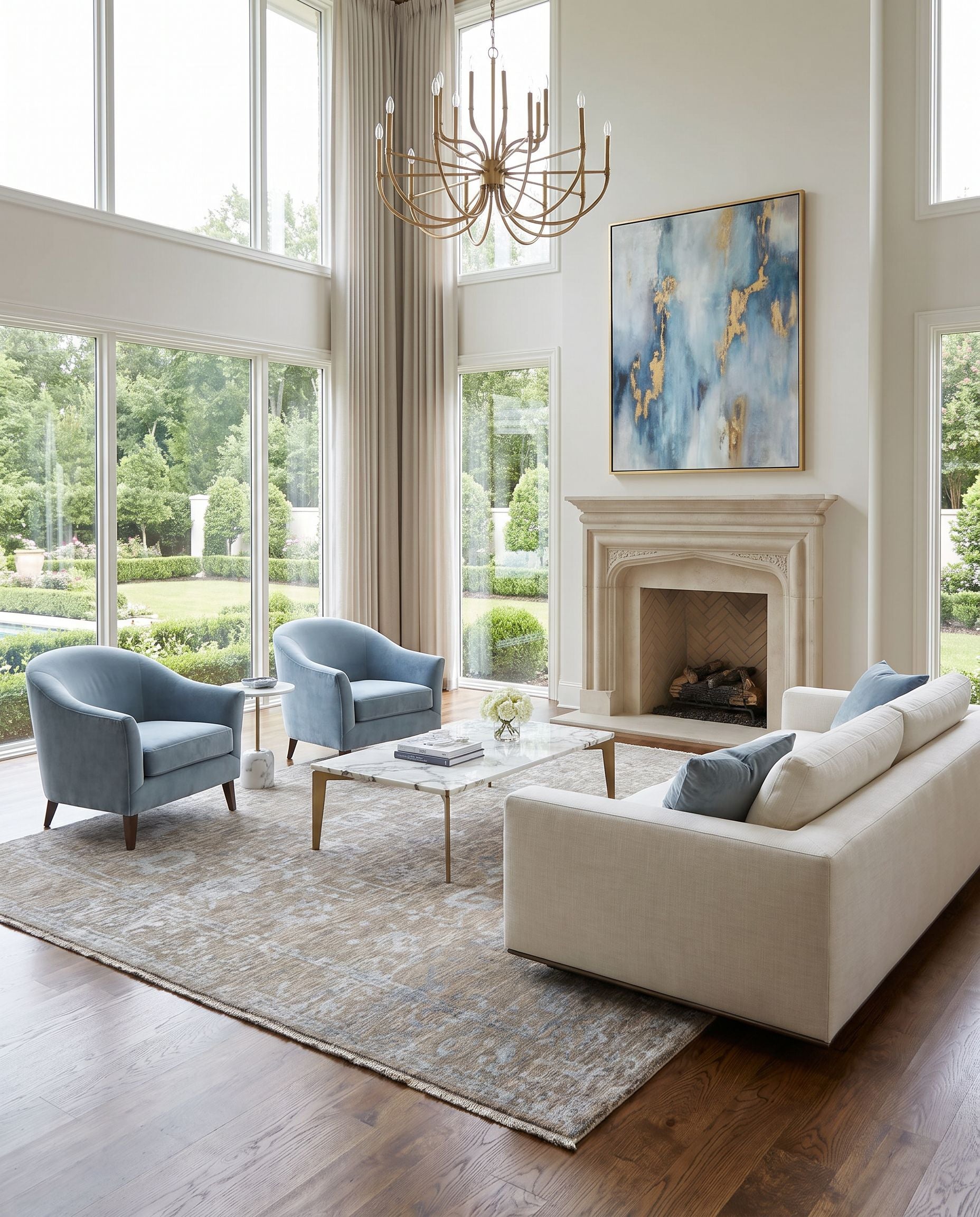 Tabreez TEZ-2300 Hand Knotted Rug styled in an elegant designer living room — hand knotted traditional area rug in medium gray, slate, metallic silver and light sage tones