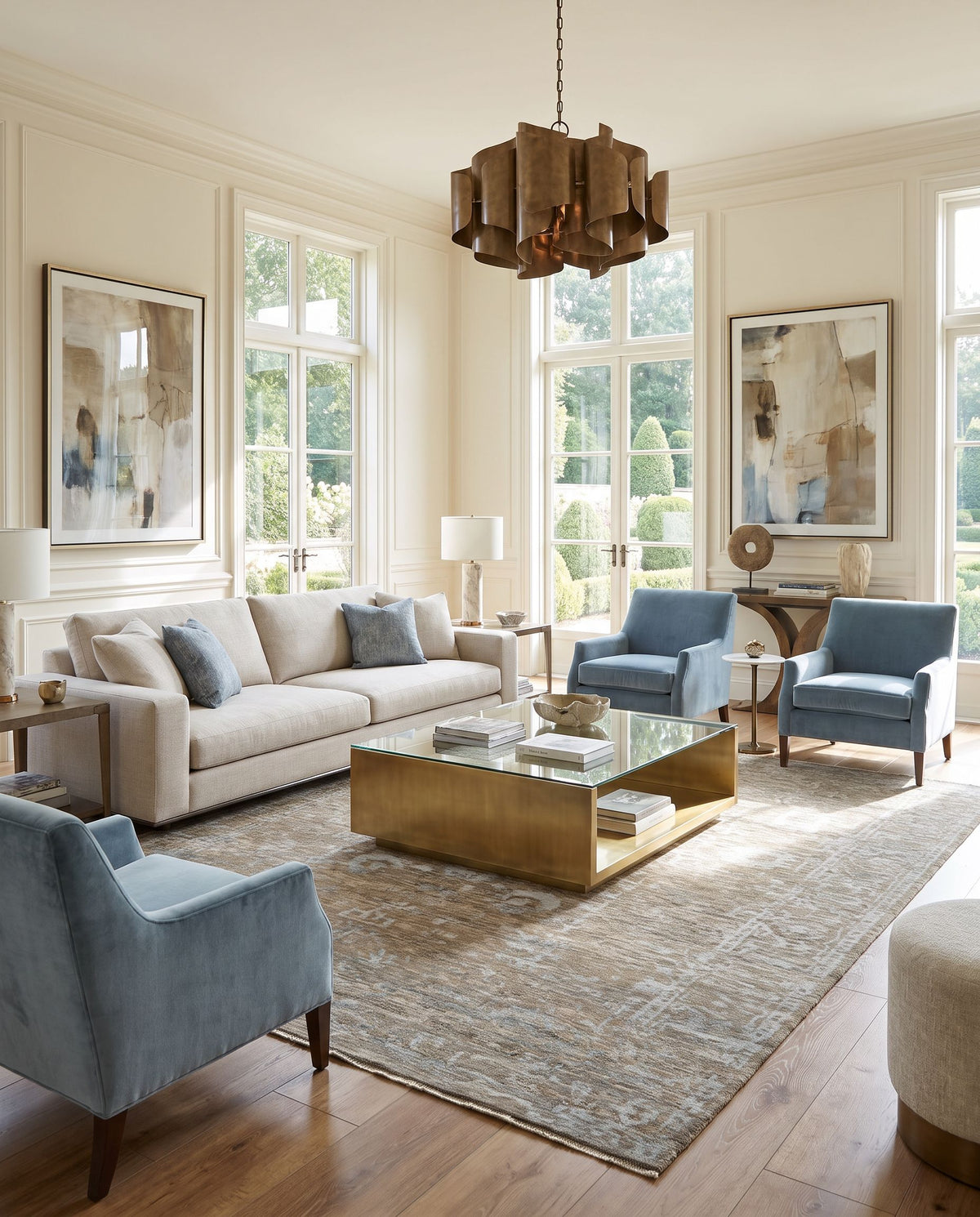 Tabreez TEZ-2300 Hand Knotted Rug styled in an elegant designer living room — hand knotted traditional area rug in medium gray, slate, metallic silver and light sage tones