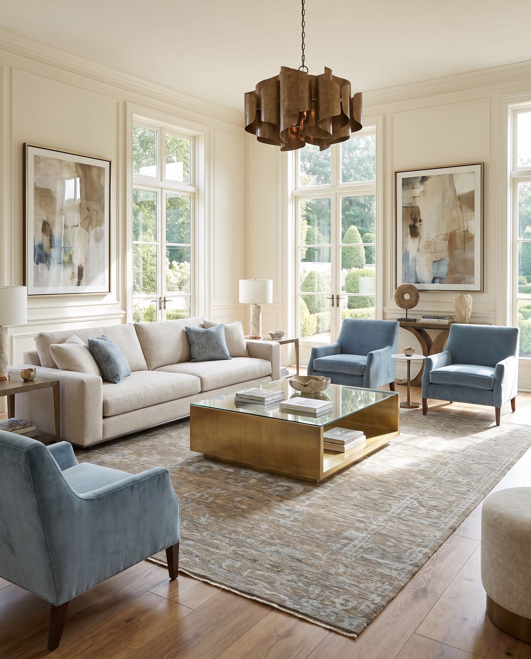 Tabreez TEZ-2300 Hand Knotted Rug styled in an elegant designer living room — hand knotted traditional area rug in medium gray, slate, metallic silver and light sage tones