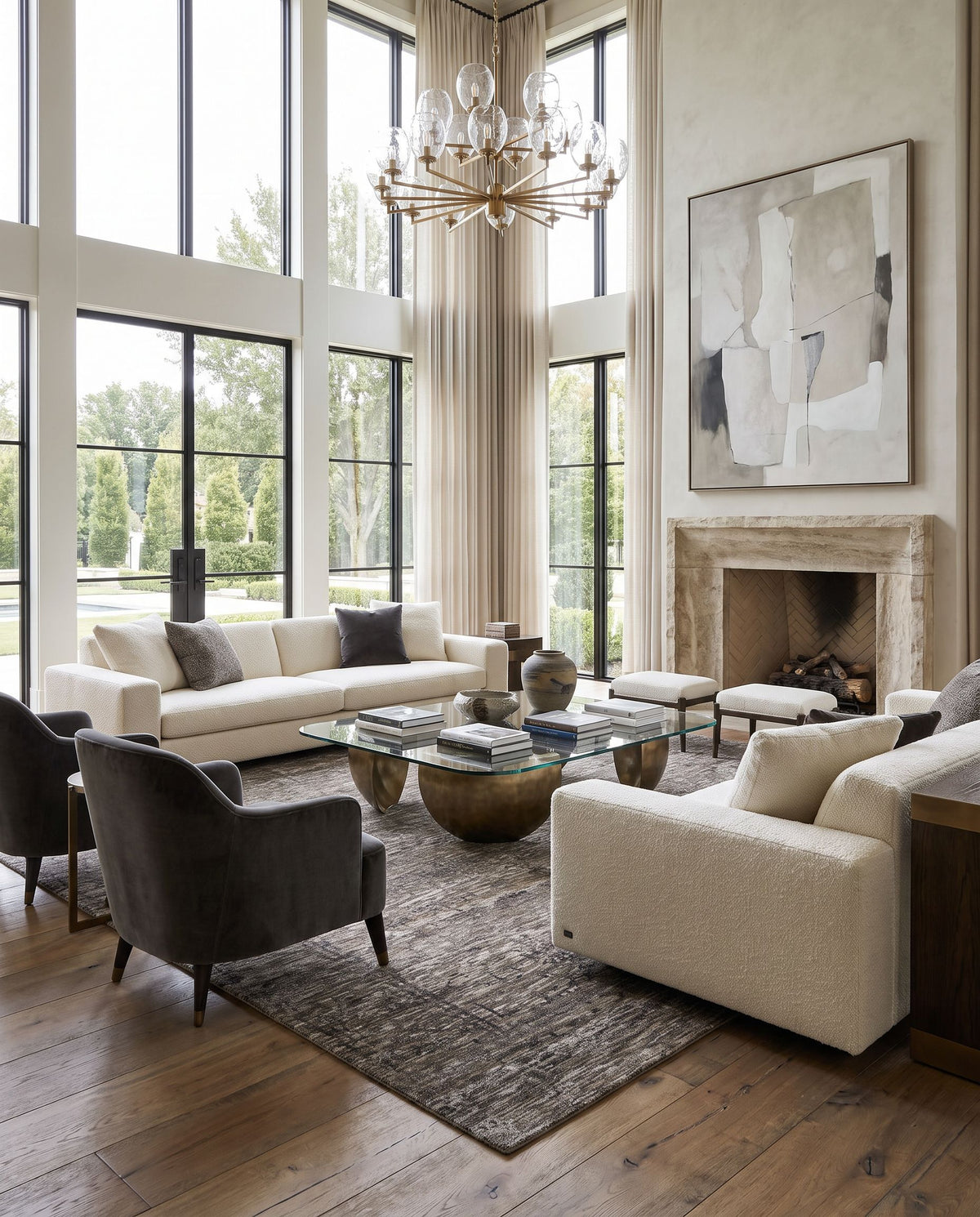 Tabreez TEZ-2301 Hand Knotted Rug as the centerpiece of a bright luxury living room — a hand knotted traditional area rug in black, beige, light gray and dark brown tones