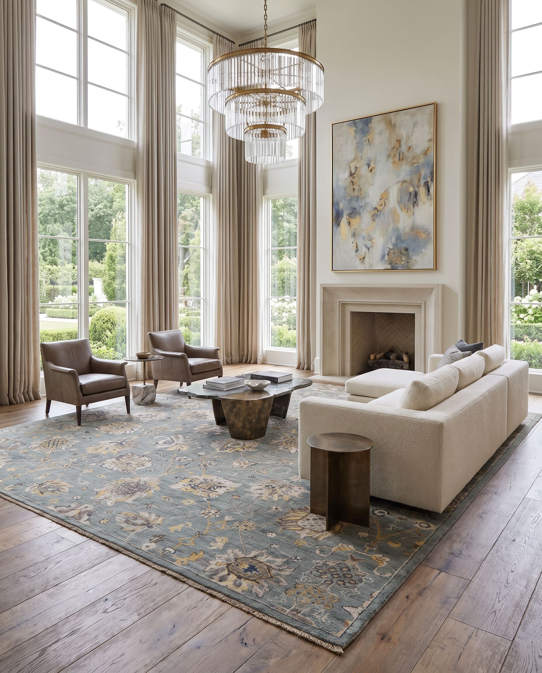 Theodora THO-3006 Hand Knotted Rug as the centerpiece of a bright luxury living room — a hand knotted traditional area rug in wheat, charcoal, oatmeal and aqua tones