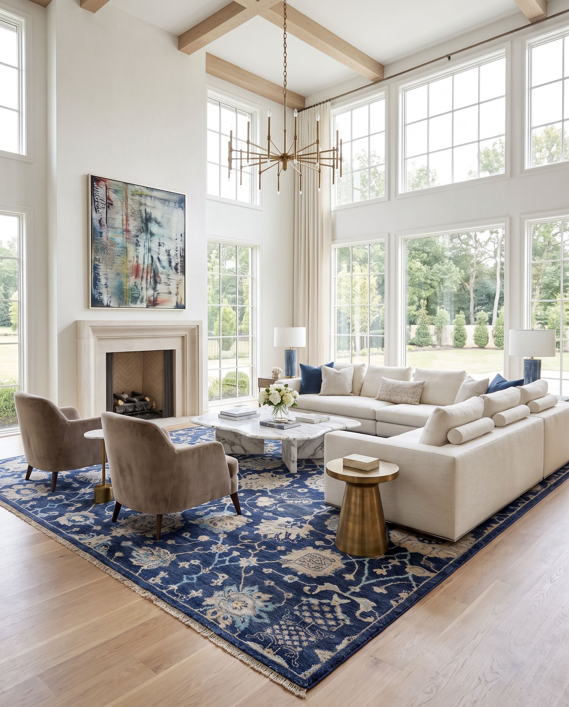 Theodora THO-3007 Hand Knotted Rug as the centerpiece of a bright luxury living room — a hand knotted traditional area rug in navy, charcoal, light slate and aqua tones