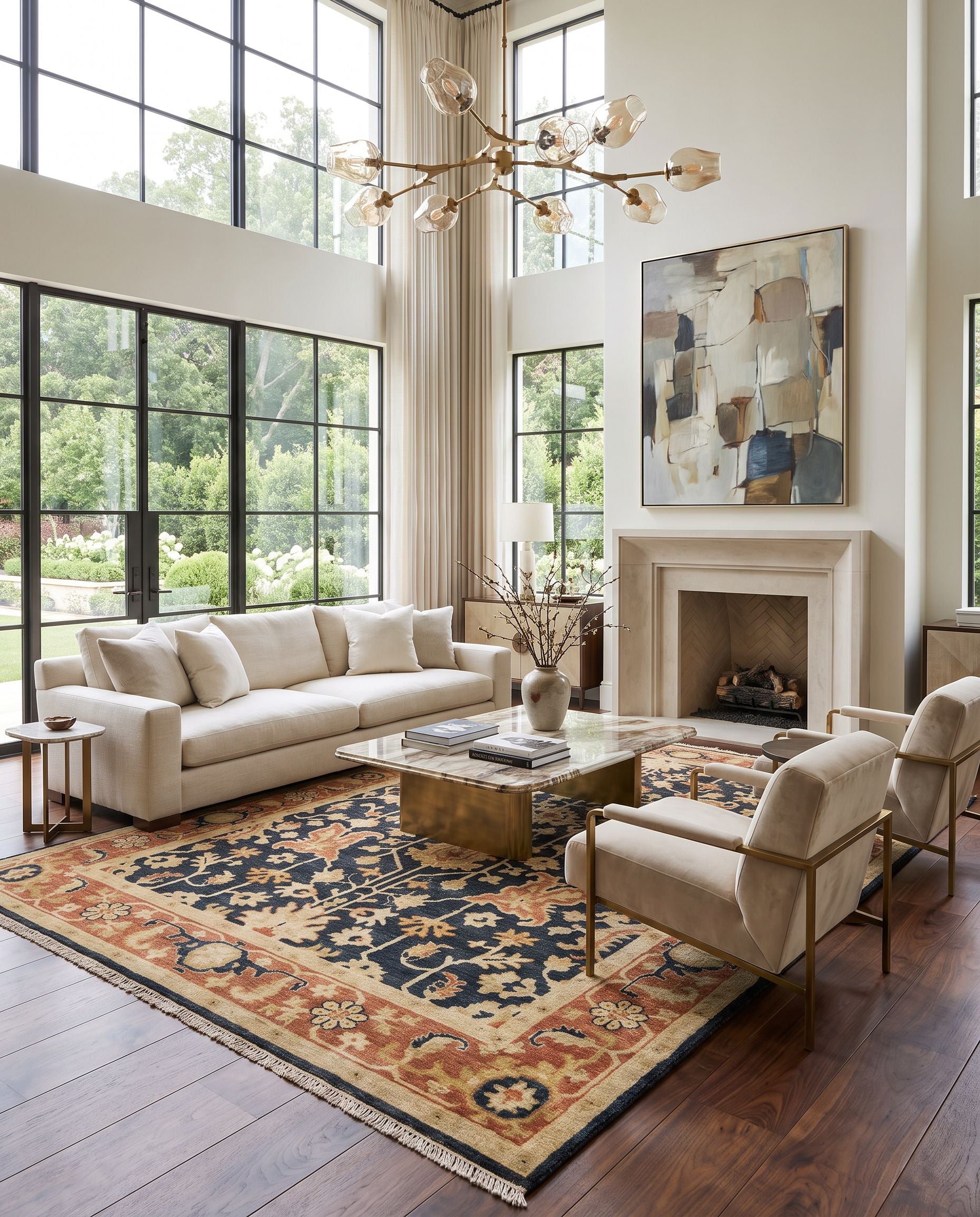 Taj Mahal TJ-6599 Hand Knotted Rug as the centerpiece of a bright luxury living room — a hand knotted traditional area rug in black, burnt orange, tan and mustard tones